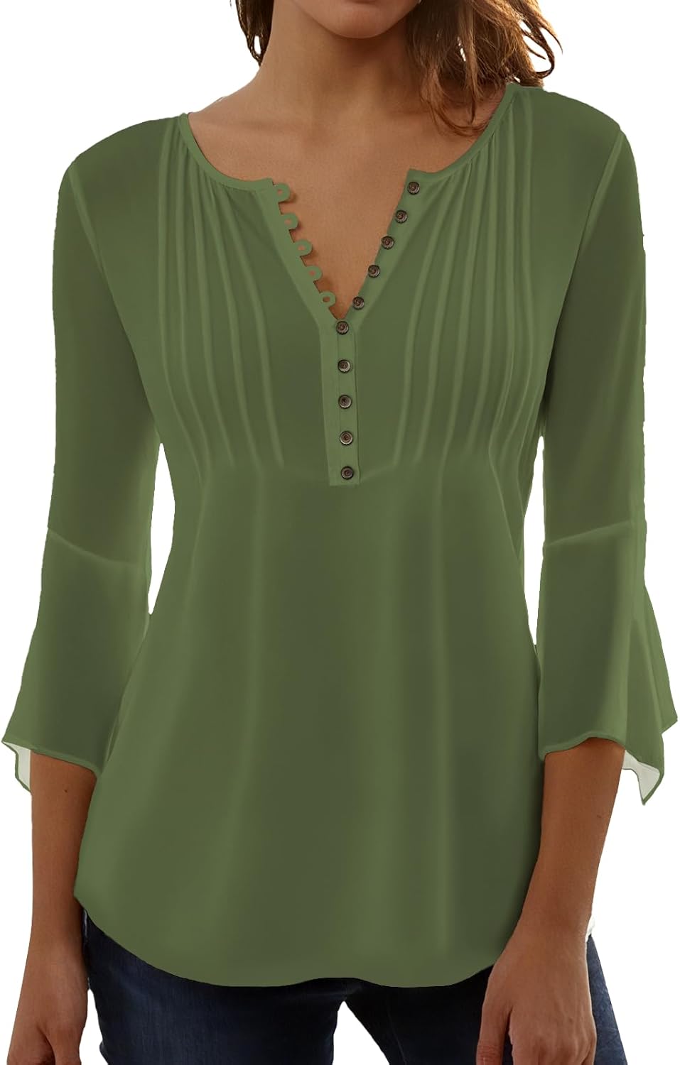 Womens Blouse Dressy Casual V Neck 3/4 Length Sleeve Soild Color Tops Loose Fit Button Down Boho Shirts
