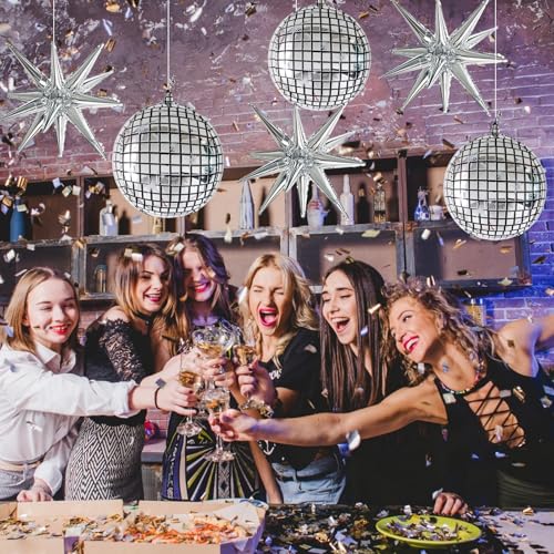 Image of TONIFUL 8 Pcs 22Inch Disco Large 4D Giant Round and Star Balloons Explosion Star Mylar Balloons Set for Backdrop Christmas New Year Birthday Wedding Bridal Shower Anniversary Photo Booth Supplies