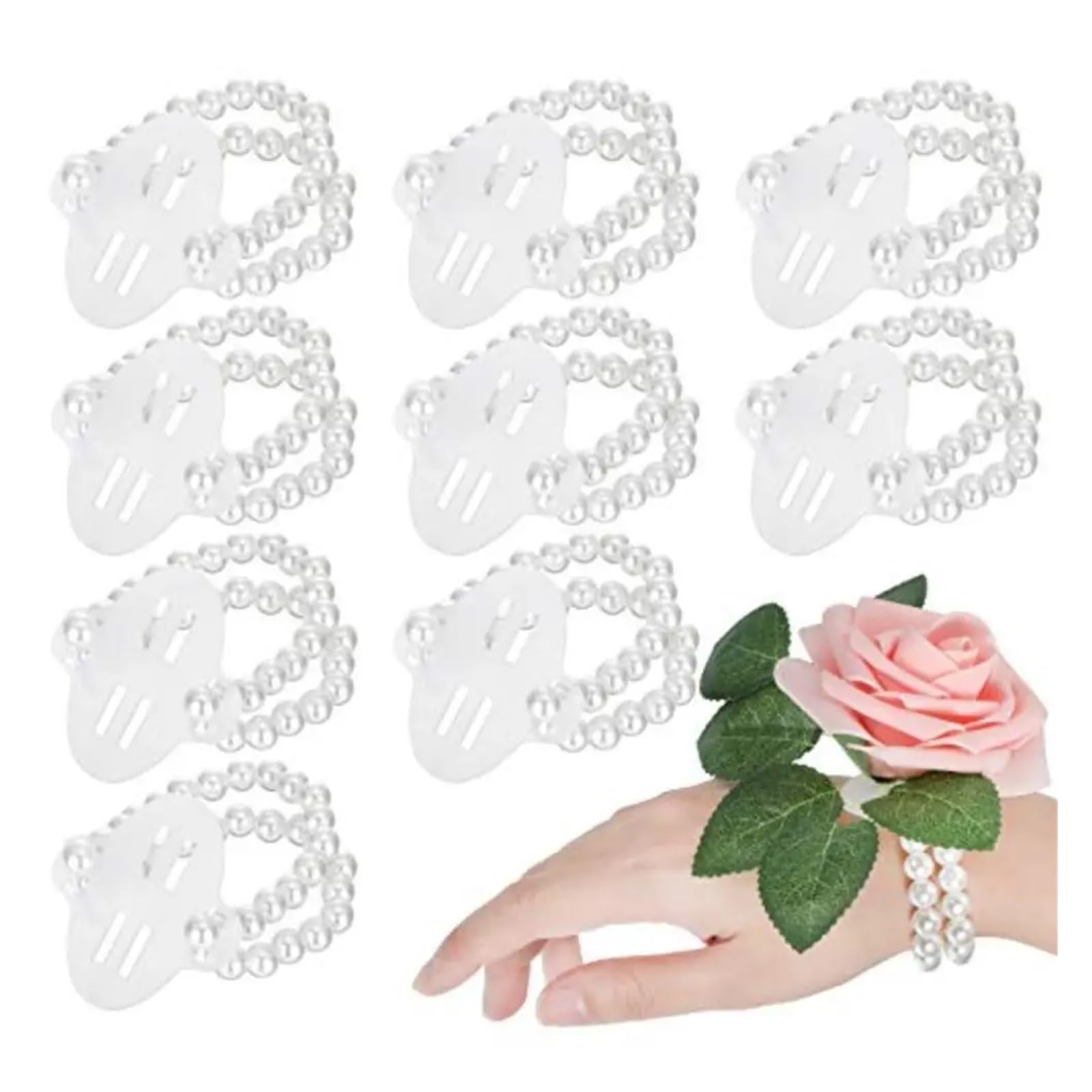 Hzomif Two-Tone Artificial Rose Wrist Corsage 40Pcs Elastic Wedding Pearl Wristband Wrist DIY Decor Stretch Corsage Wristlet Band Handmade Elegant Corsage Bracelet