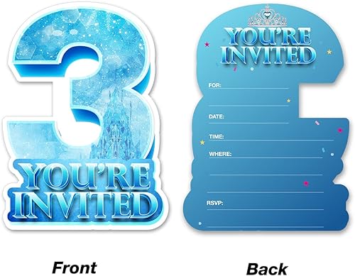 Miniatura 2 de 20 invitaciones de fiesta de tercer cumpleaños de Ice Queen con sobres, invitaciones de relleno de doble cara en forma de copo de nieve de invierno