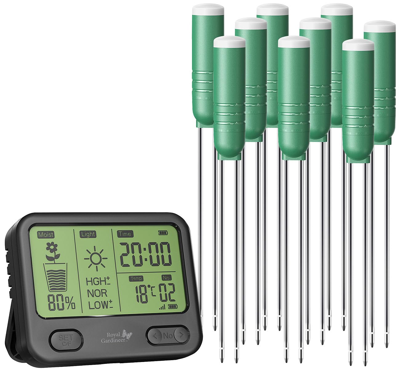 Royal Gardineer Bodenfeuchtigkeitsmesser: 4in1-Funk-Boden-Feuchtigkeitsmesser-Set mit 9 Sensoren, innen & außen (Feuchtigkeitsmesser mit Alarm, Kabelloser, Topf)