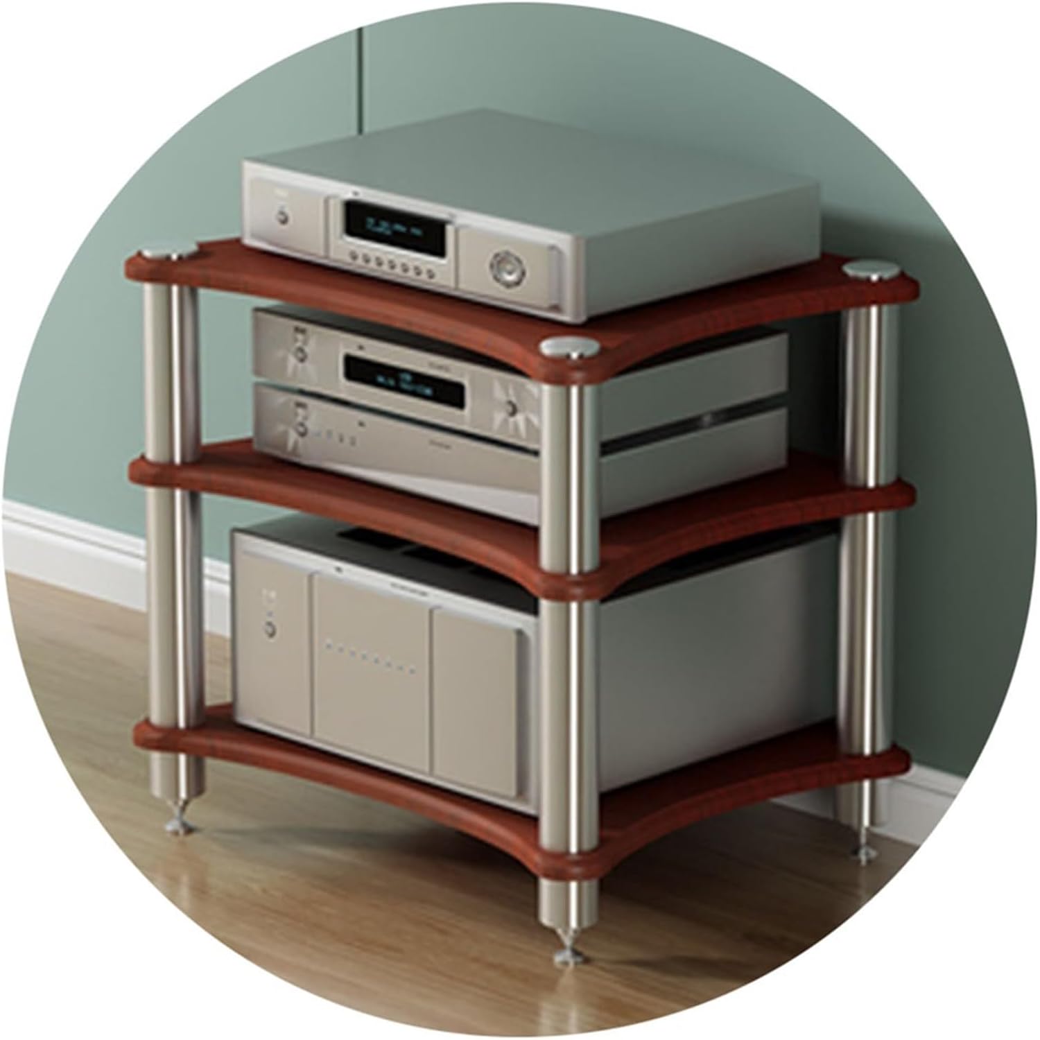 HIFI Audio Stand Multi Layer Amplifier Cabinet with Shock Absorbing Feet High Load Capacity Reddish Brown 3 Tier Design Perfect for Home Audio Systems