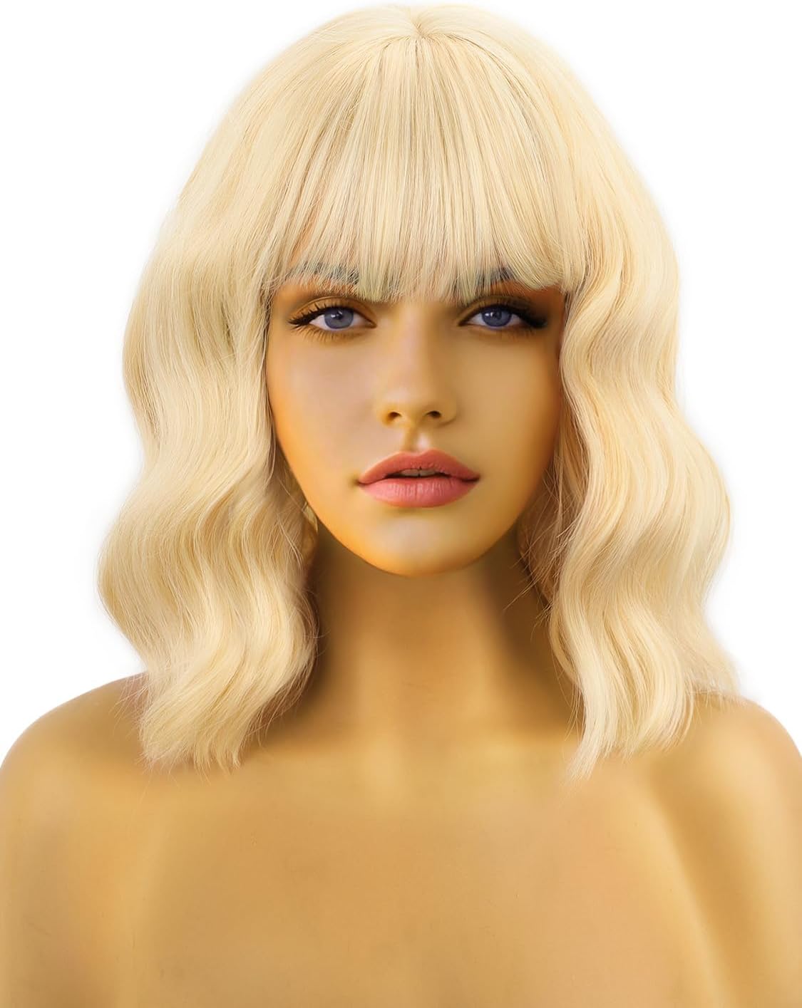 FREEMEIGE ショートボブウィッグ 前髪付き 女性用 ブロンド ボブ ウェービー ウィッグ カーリー ウェーブ ショルダー 長