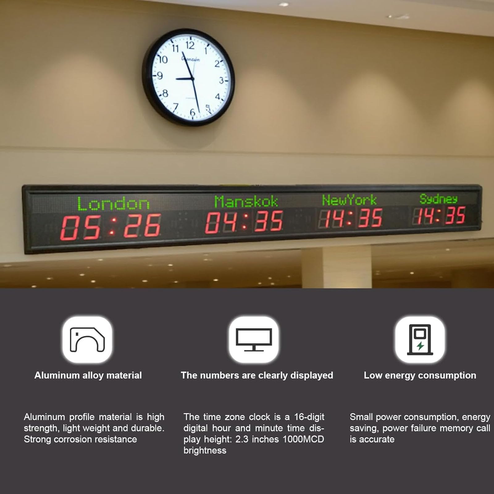 Orologio digitale con orario mondiale, 4 città 12/24 ore, nomi delle città personalizzabili per hotel, aziende e aeroporti