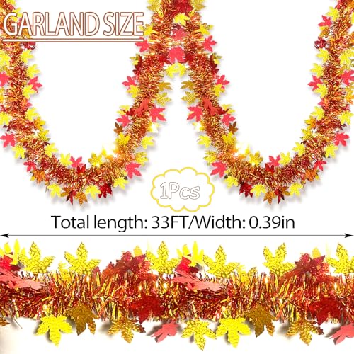 Image of 33Ft Thanksgiving Fall Tinsel Garland Shiny Hanging Coarse-Textured Red and Gold Maple Leaf Metallic Twist Garland Autumn Decor for Fall Party Door Tree Garlands Decorations - (Red & Gold)