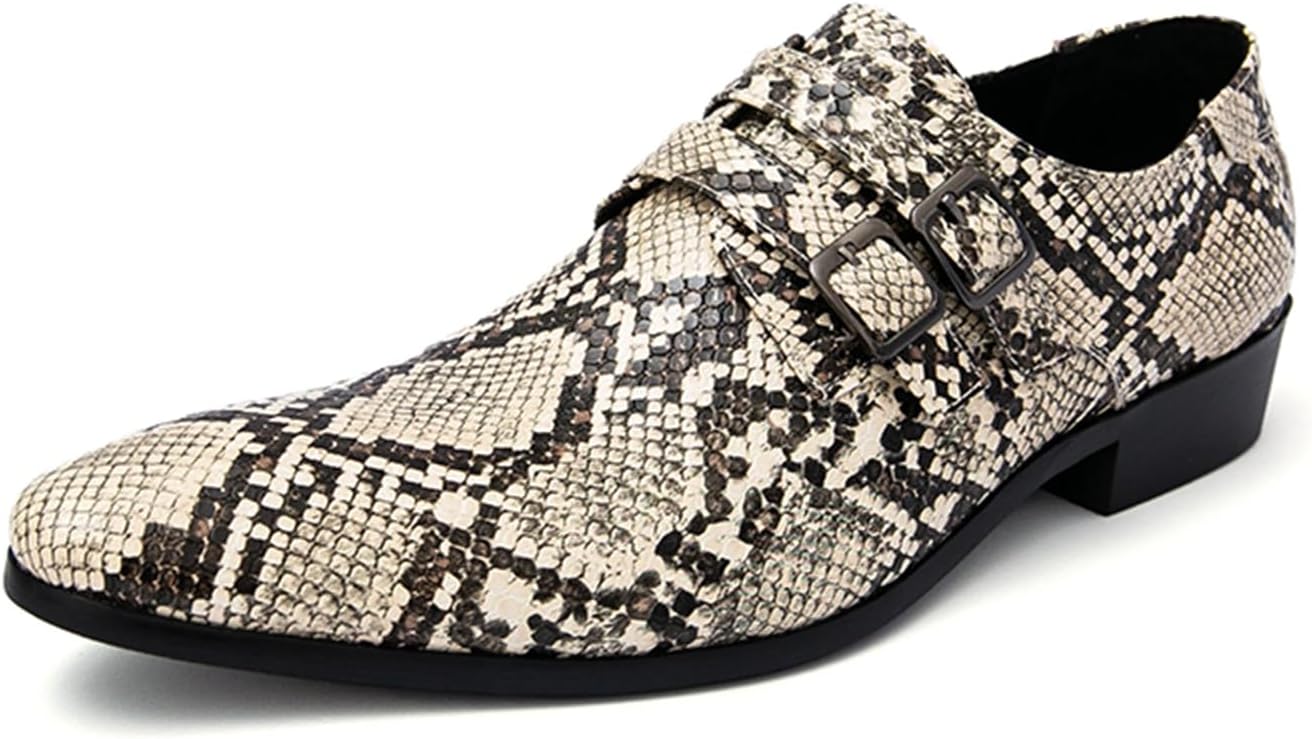Men's Snakeskin Leather Pattern Slip On Loafers with Monk Strap Pointed Toe Low Heel Formal Dress Shoes Lightweight Breathable Footwear for Party Wedding Office Business Work