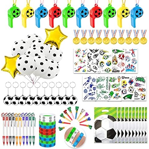 Humairc 90pcs Football Party Bags Fillers Party Supplies with Football Balloon Key Chain Whistles Pen Tattoo Stickers Party Blowers Gold Medal Gift Bag Bracelet, Football Party Favors for Boys Girls Cover