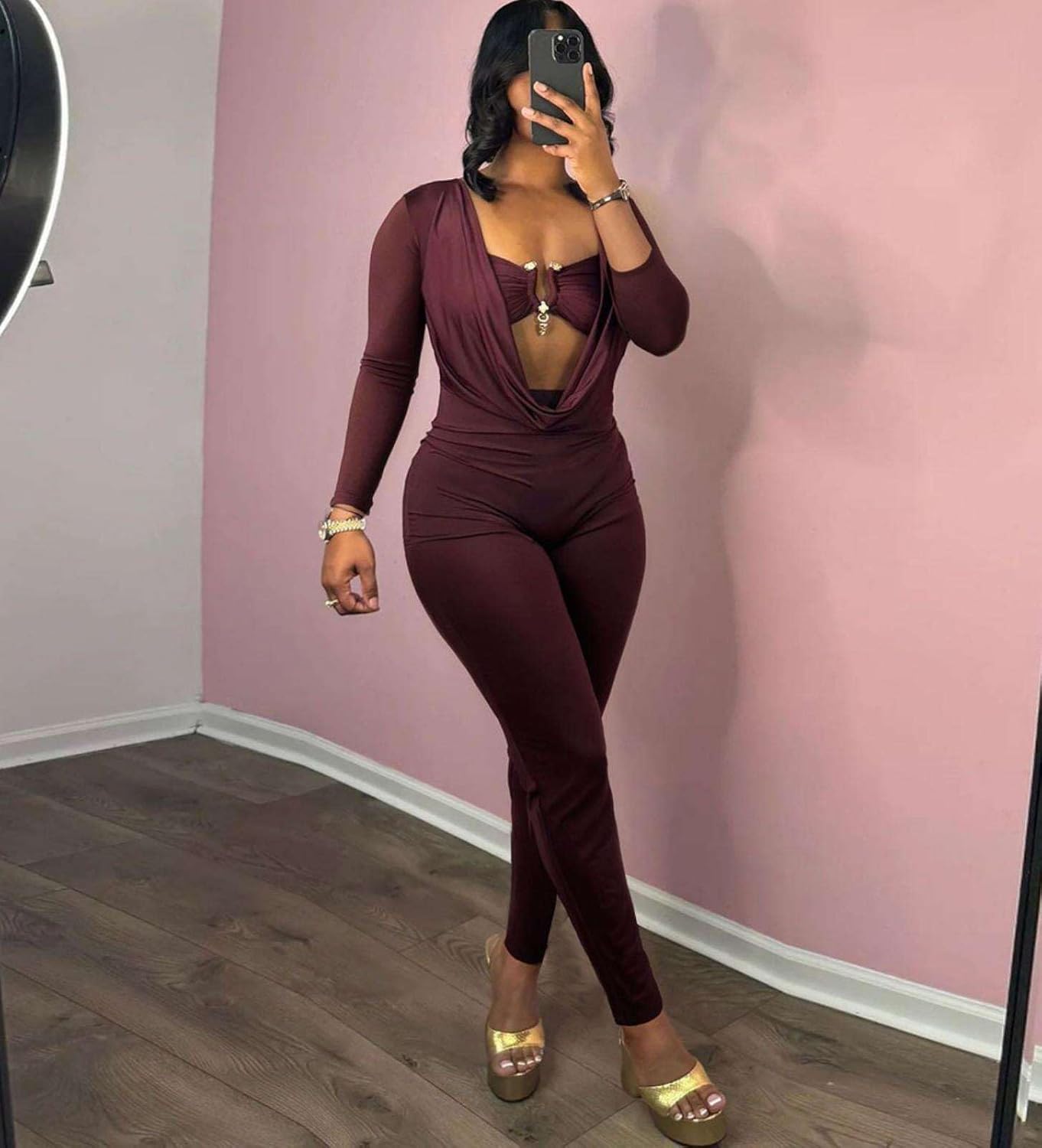 Jumpsuits for Women Sexy Deep V Neck Long Sleeve Jumpsuit Cut Out Bodycon Jumpsuit Going Out Outfits - Image 3