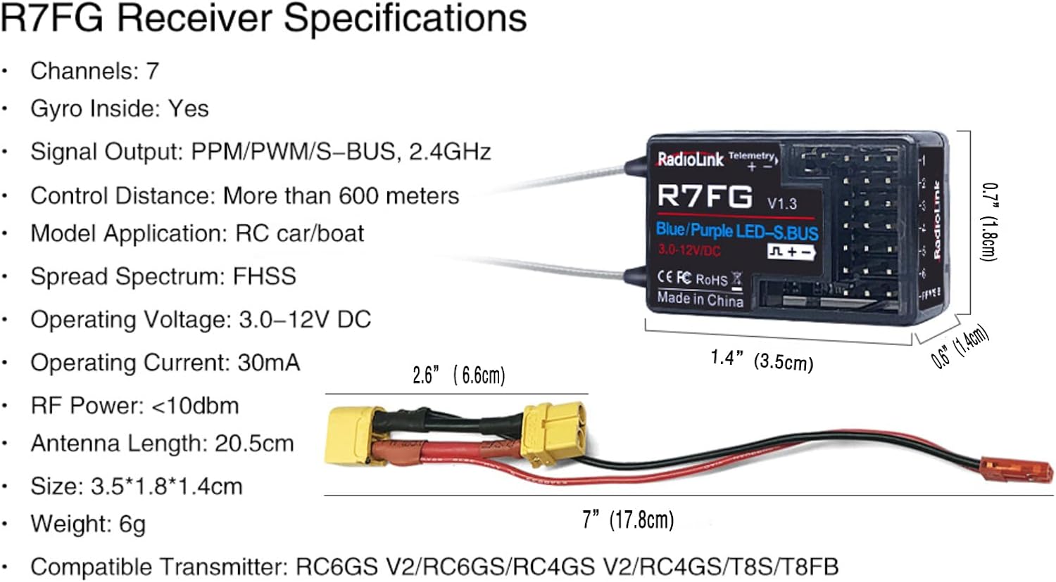 HTLNUZD Radiolink R7FG RC Car Receiver 7 Channel 2.4GHz Gyro Telemetry Voltage Surface IPX4 Waterproof RX Controller Compatible Long Range RC6GS v3/RC4GS v2/RC4GS/RC6GS Transmitter