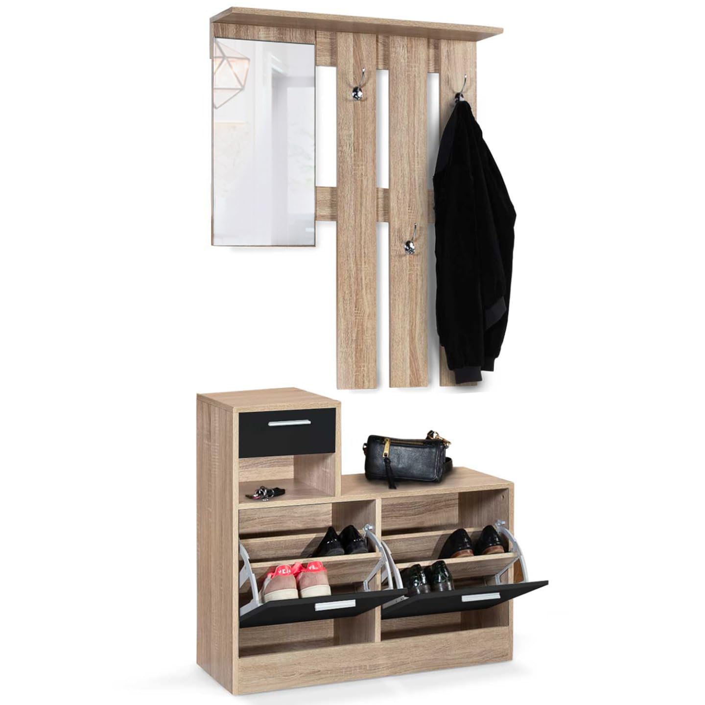 IDMarket - Armario para la entrada con espejo Paulin Design Haya puertas negras