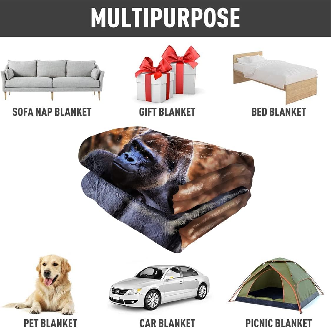 HommomH Gorilla Blanket, Funny Wild Animal, Soft Fluffy Fleece Throw 40"x50", Black - Image 6