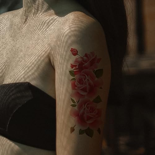 Miniatura 5 de Oottati 8 hojas de tatuajes temporales de flores de brazo - loto rosa roja para hombres y mujeres
