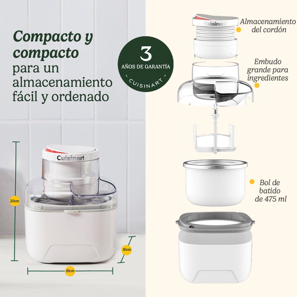 Cuisinart Heladera Solo Scoops, Máquina para hacer helado gelato sorbetes y yogur helado, casero en 25min, sorbetes, Compacta, ocupa poco espacio, Tazón para bat, Bol de congelación instantánea 475ml