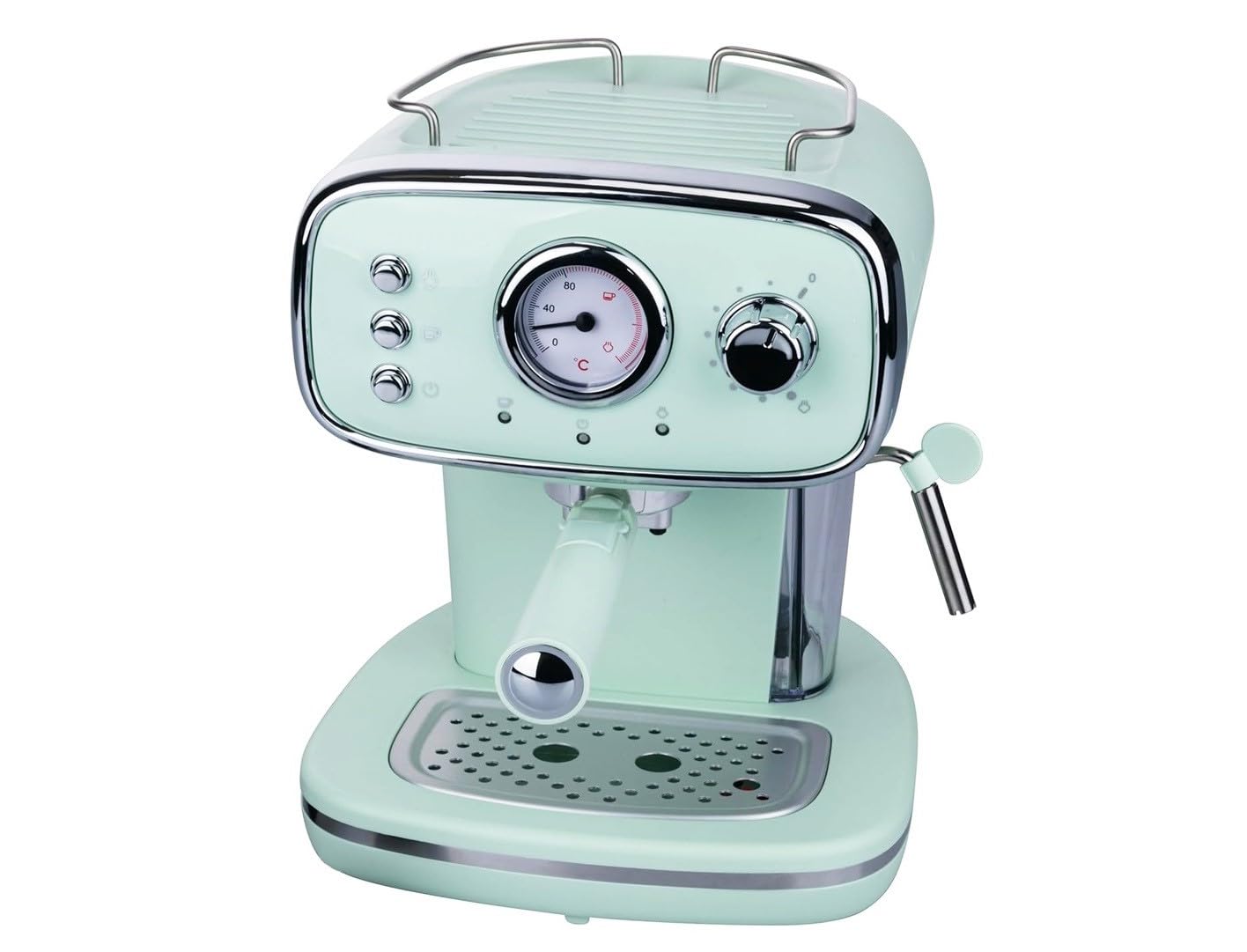 Macchina Caffè Espresso Vintage Retrò 2in1 Cialde/Macinato 1 o 2 Tazze Funzione Cappuccino Montalatte Ripiano Scaldatazze Autospegnimento 15Bar Vassoio Antigoccia Serbatoio 1,2Lt (acquamarina)