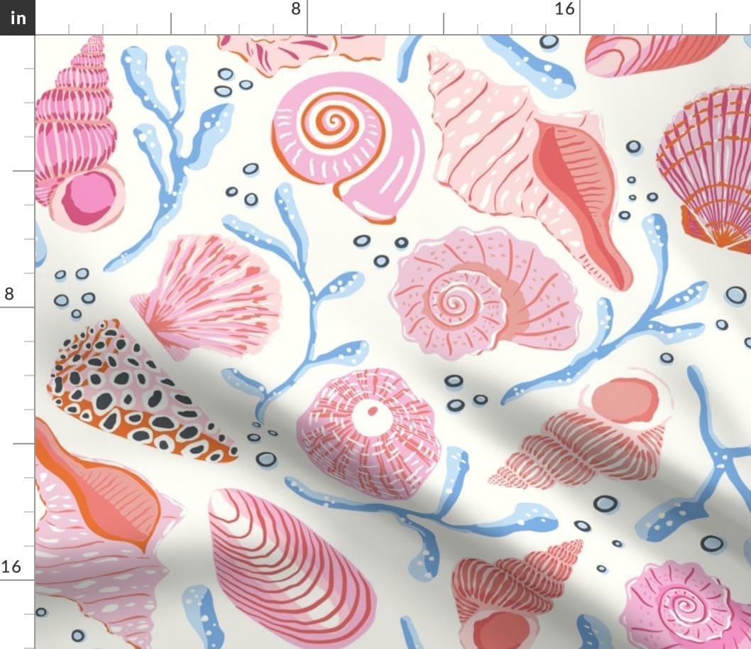 Spoonflower Fabric - Coastal Shells Coral Pink Beach Summer Nautical Maritime Jumbo Scale Printed on Petal Signature Cotton Fabric Fat Quarter - Sewing Quilting Apparel Crafts Decor
