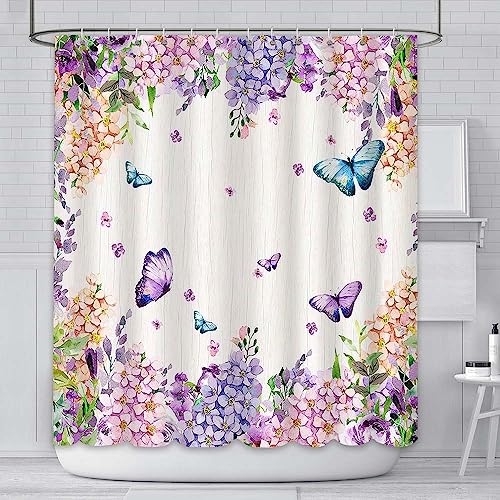 AIBIIN 180x180cm Colourful Butterfly Shower Curtain flowers Watercolor Bathroom Decor Polyester Waterproof Durable Fabric with 12 Hooks