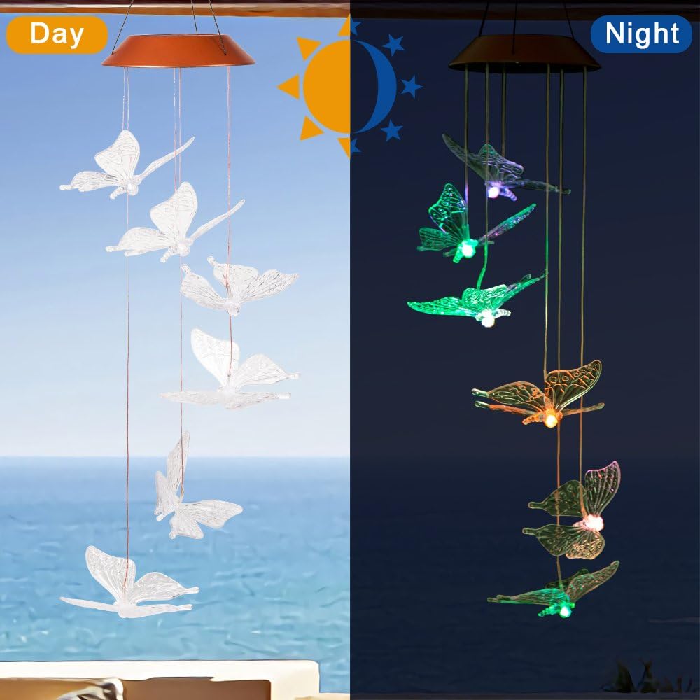 LED Solar Butterfly Wind Chimes Outdoor - Waterproof Solar Powered Changing Light Color 6 Butterflies Mobile Romantic Wind-Bell for Home, Patio, Gifts for Mom, Festival Decor, Night Garden Decoration