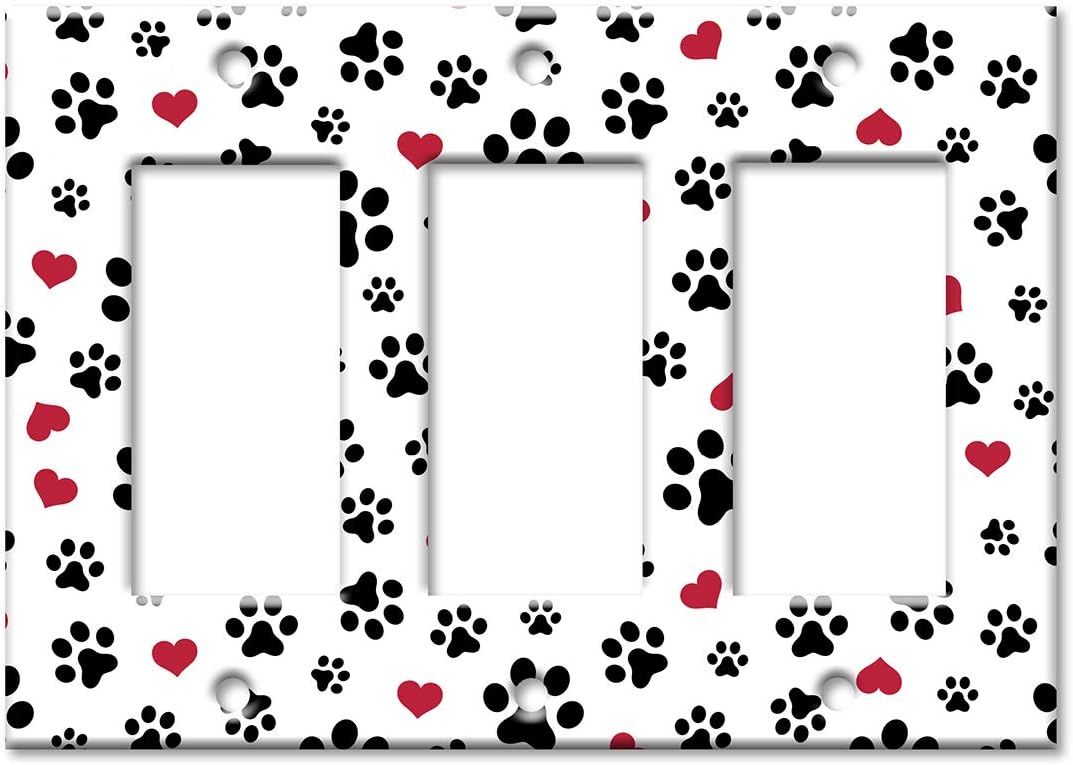 Art Plates 3 Gang Decora - GFCI Decorative Metal Wall Plate - Dog Paws and Hearts Toss - (Made in USA)