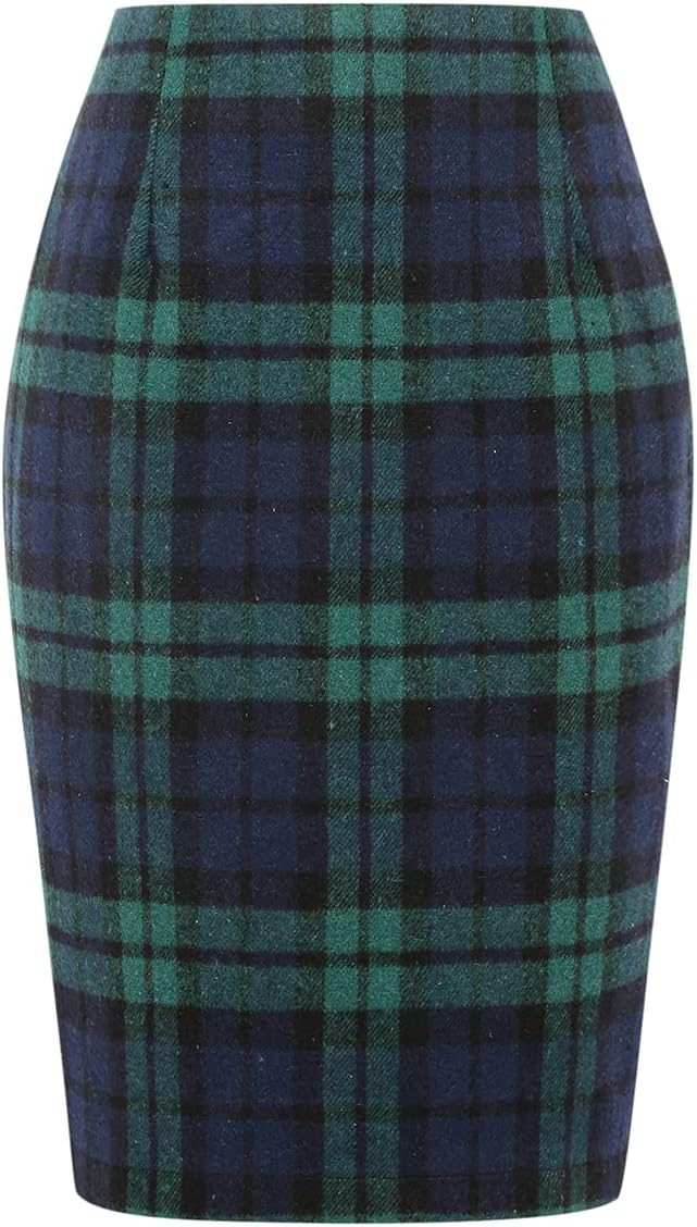 IDEALSANXUN Plaid Skirts for Women Fall Winter Knee Length Pencil Wool Skirt with Slit