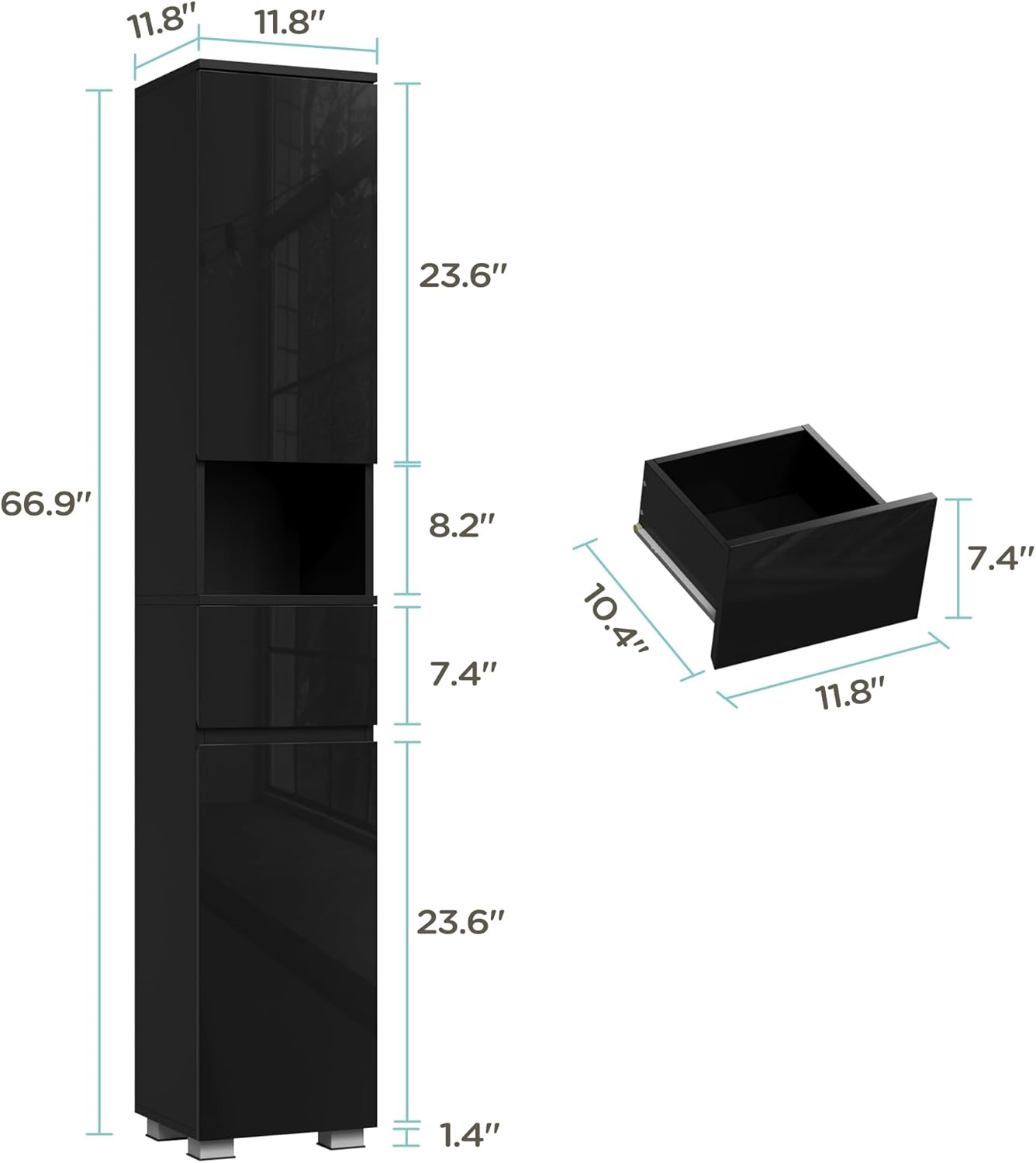 MHOM High Glossy Slim Bathroom Cabinet. 66.9" Tall Storage Cabinet with Drawer and Adjustable Shelves, Narrow Linen Cabinet for Bathroom, Laundry, and Living Room, Black