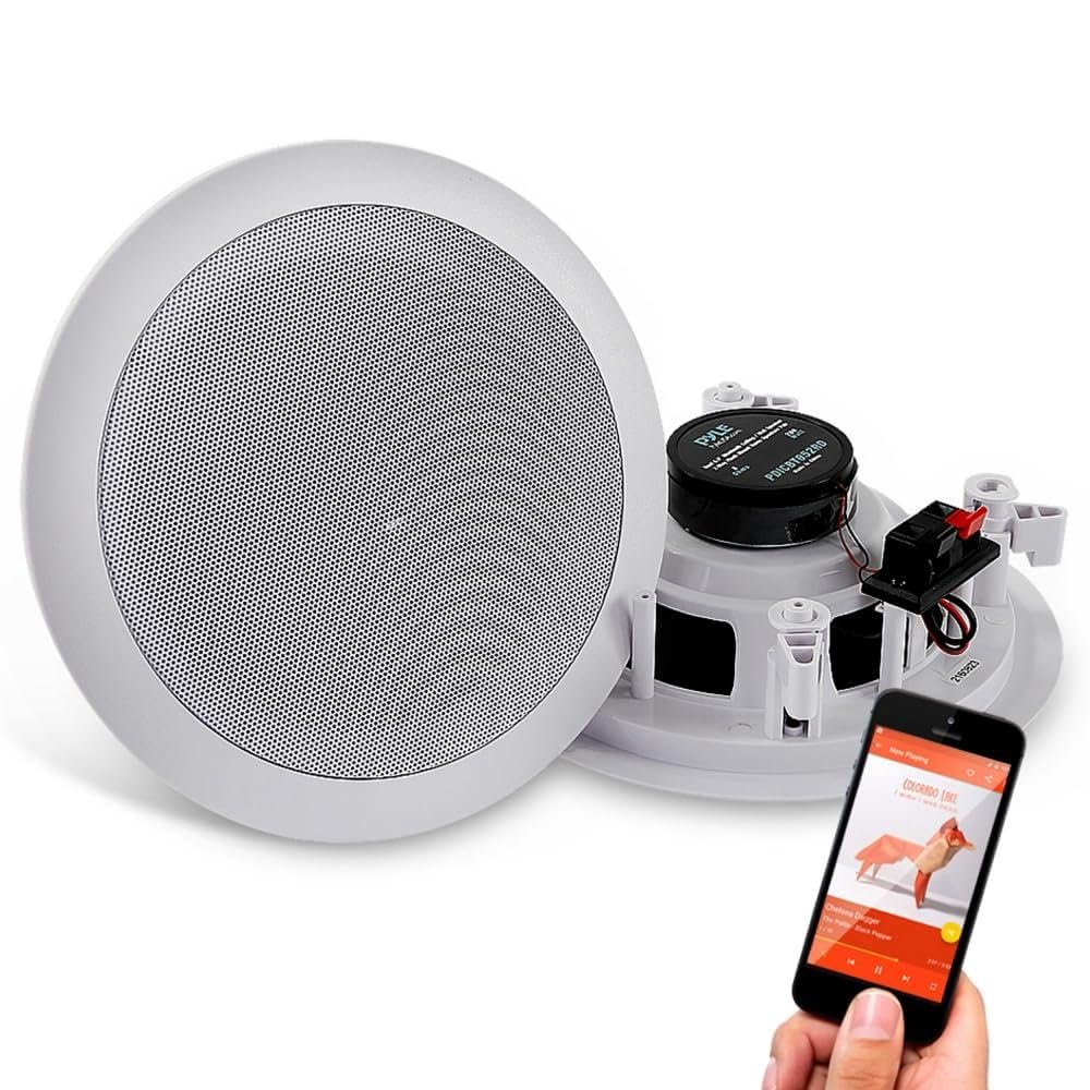 Pyle Głośnik sufitowy, głośnik ścienny, Bluetooth, 200 W - 23 cm, wbudowany głośnik Bluetooth, głośnik do kina domowego, biura, system dźwiękowy, płaski i okrągły – system stereo, na ścianę, regał i
