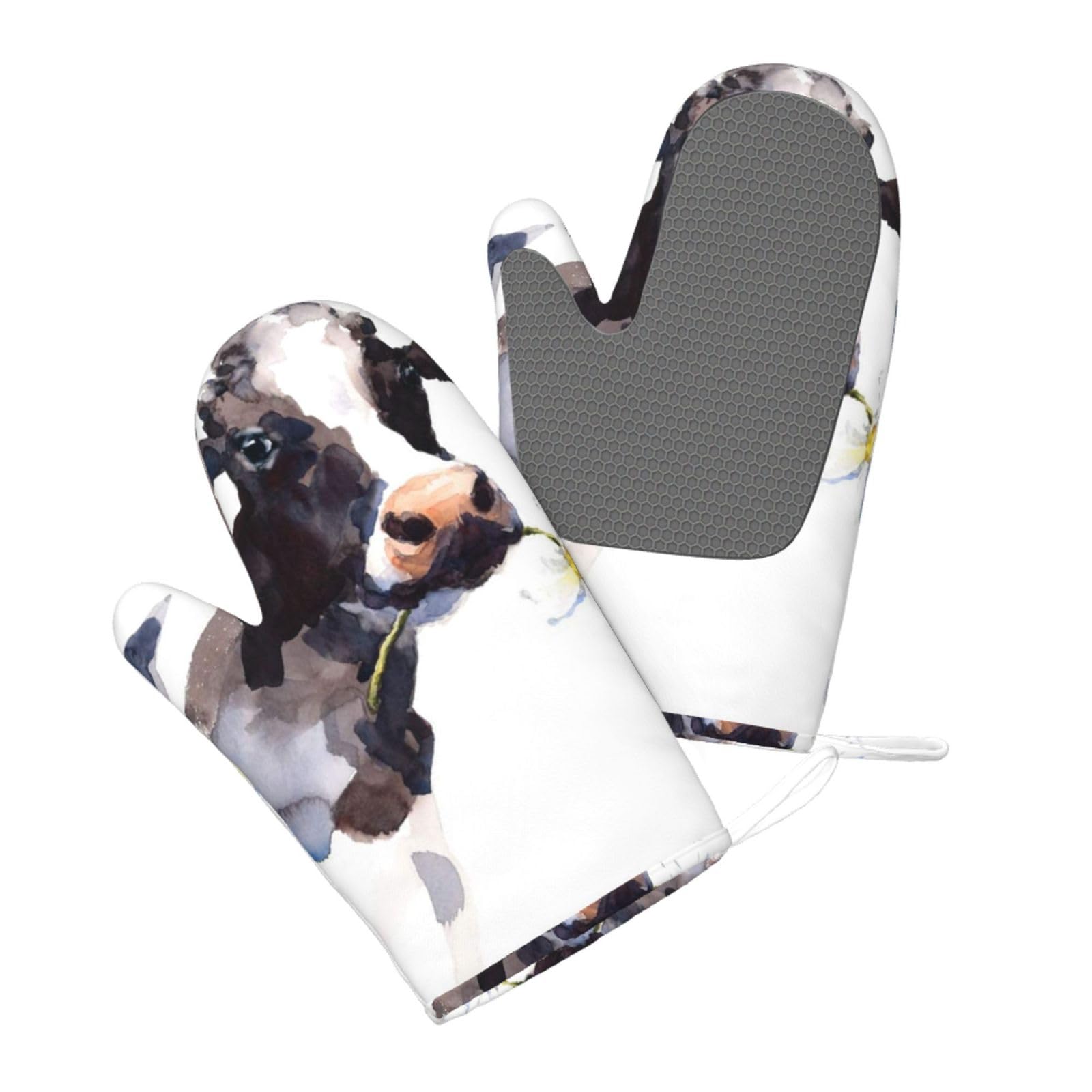 Aqrjlpo Women's Cow And Daisy Flower Silicone Oven Mitts Set 2Pcs, Printed Heat Resistant Non-Slip Silicone Oven Gloves For Kitchen Cooking Baking Microwave