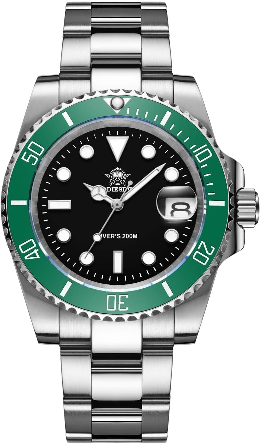 Quartz Dive Watch for Men Diver 200M Steel Strap Luminous Multicolors Dial Black Blue Green