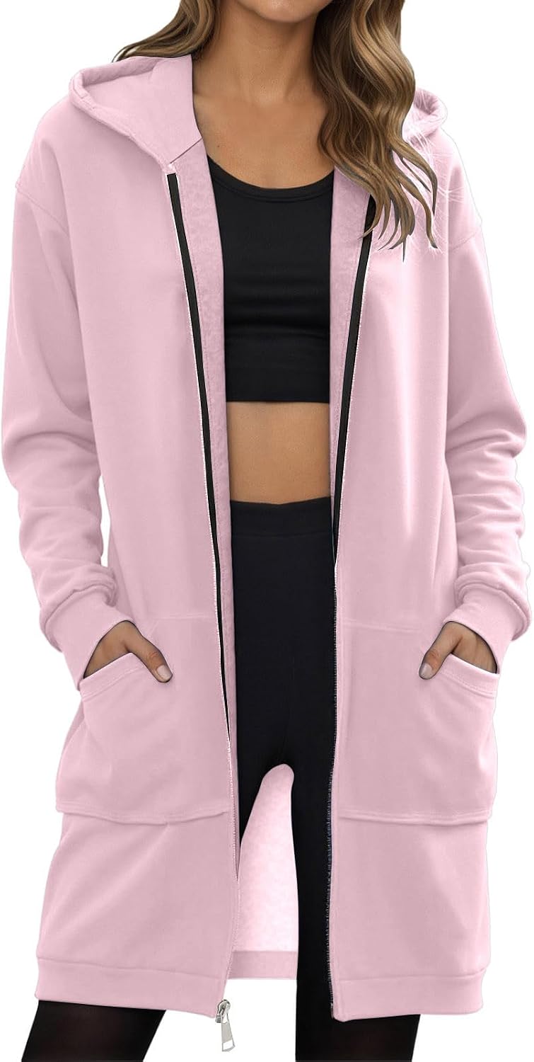 Long Hoodie for Women Zip Up Lightweight Fleece Solid Tunic Casual Plus Size Fall Fashion Jacket Clothes with Pockets