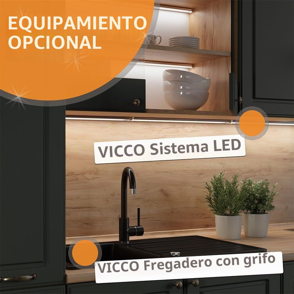 Vicco Cocina esquinera R-Line, Blanco Brillo Intenso/Roble Dorado, 247 x 46 cm sin encimera, para Montaje Individual y ampliación con módulos adicionales