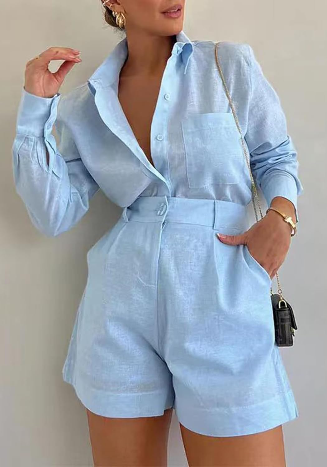 Geulis Women's 2 Piece Shirts Outfits Casual Button down Long Sleeve Blouses Tops High Waisted Shorts Sets with Pockets - Image 2