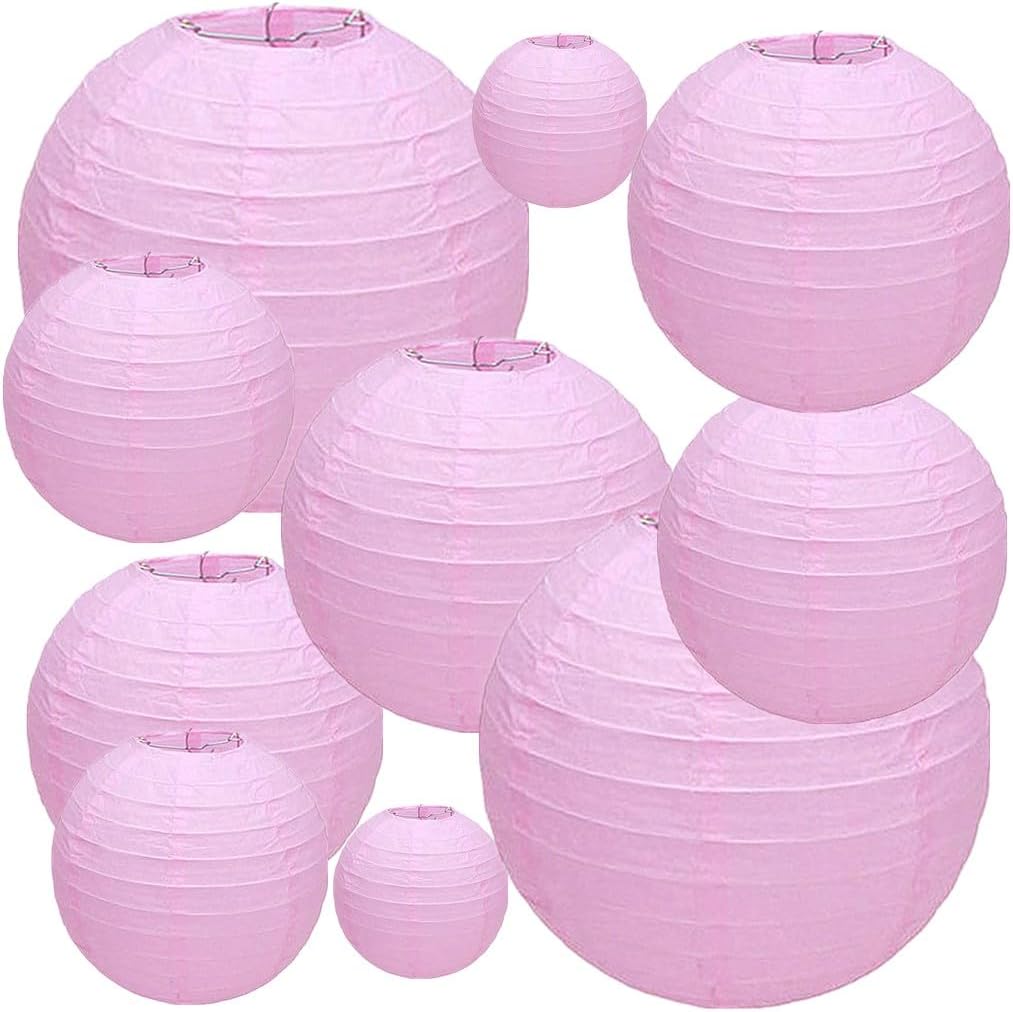 Folding Round Paper Lantern Reusable Chinese/Japanese Style Hanging Ornament Lamp Cover for Garden Birthday Party Decoration Supplies(Pink,10pcs Assorted Sizes)