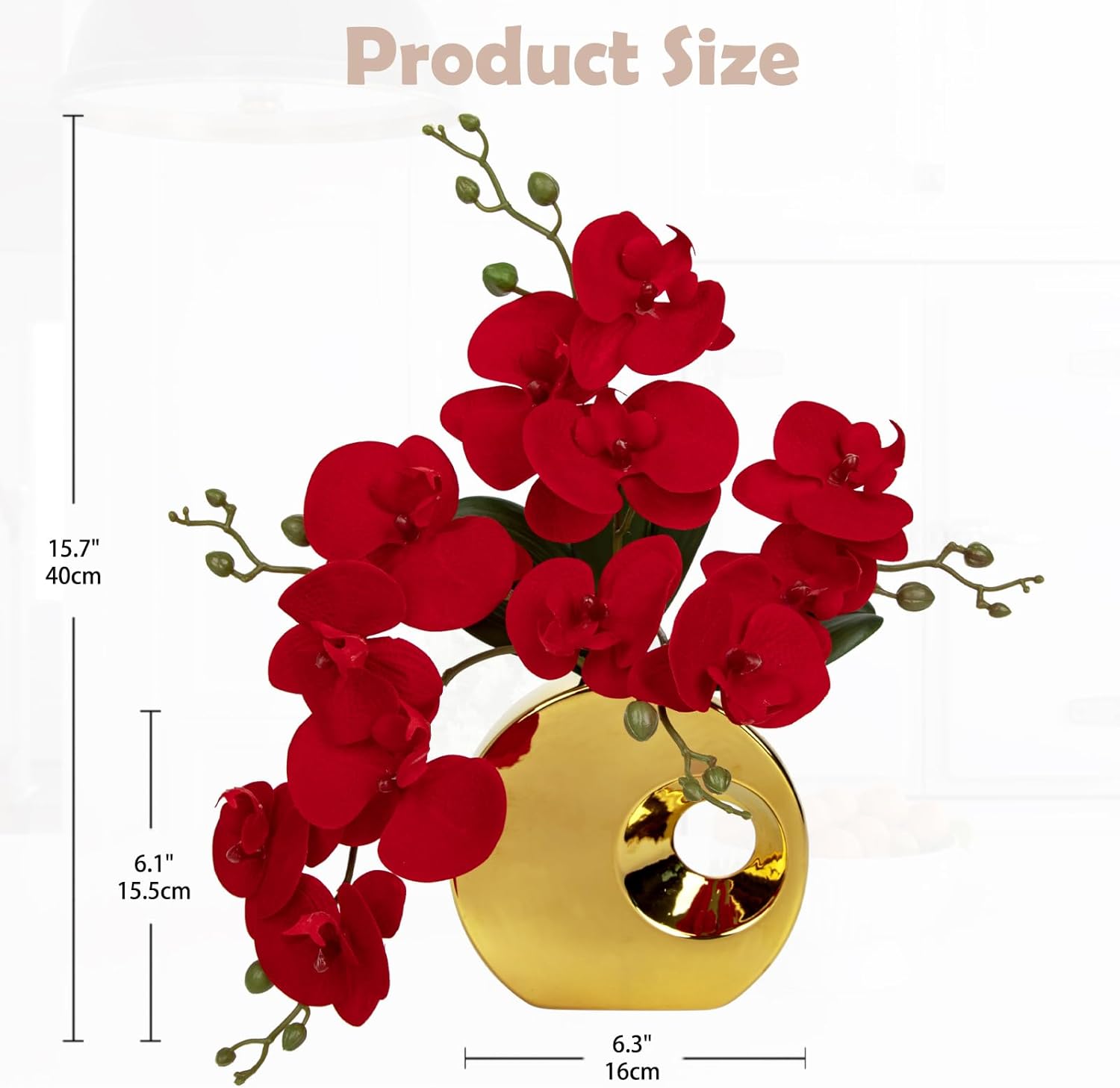 Briful Artificial Orchid Flowers in Gold Pot 15.7" Tall Red Velvet Faux Orchid Arrangement Silk Orchid Flower Fake Orchids Centerpiece for Home Office Room Wedding Table Décor - Image 2