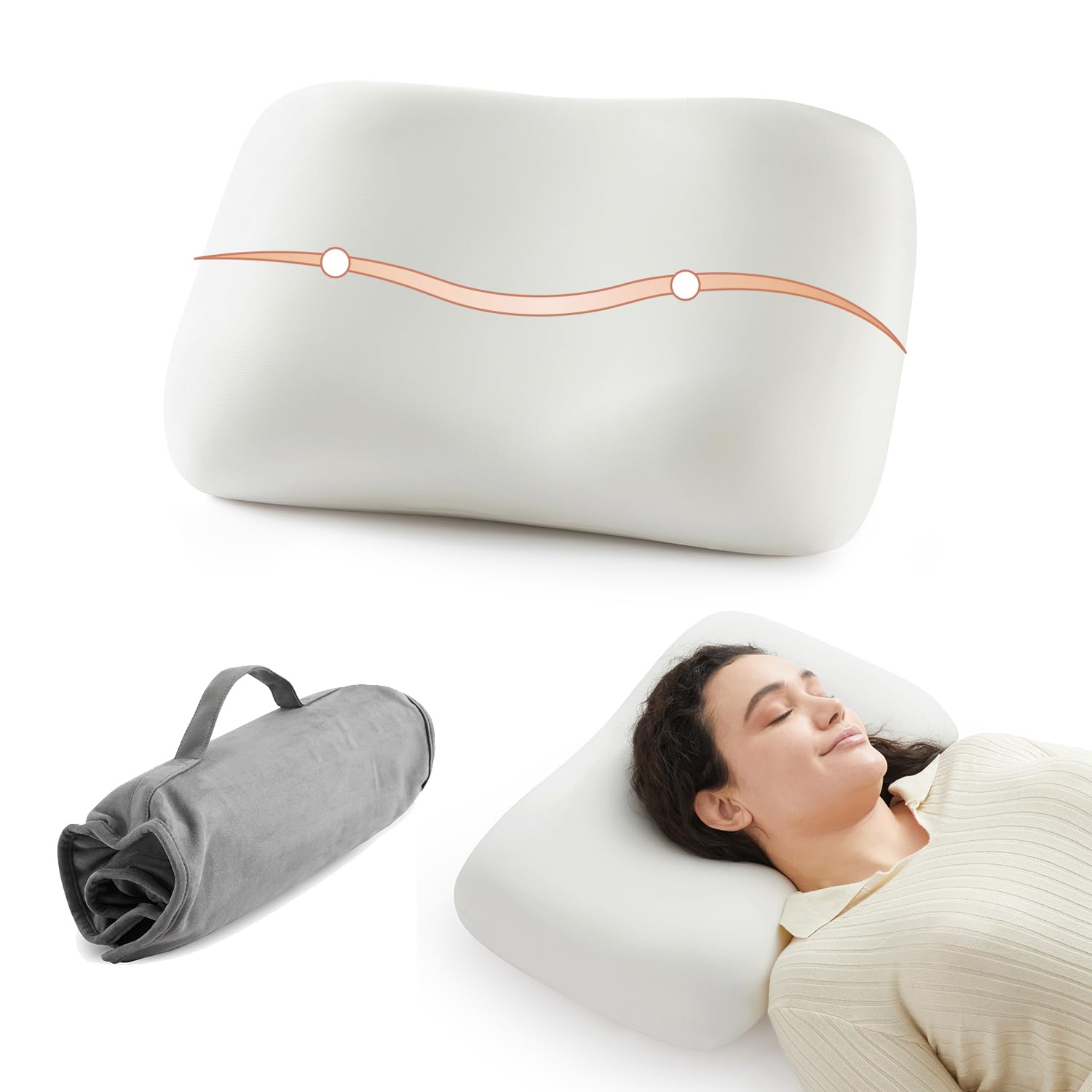 Jamdok Cuscino da viaggio in memory foam per dormire, cuscino ergonomico compatto per il collo con borsa portaoggetti, fodera rimovibile liscia e fresca, portatile, adatto per viaggi di lavoro