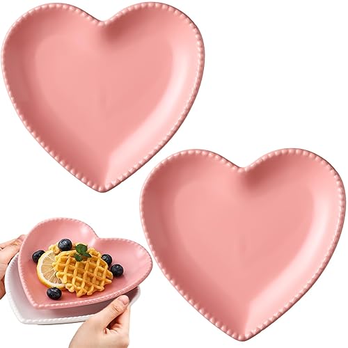 MLKLDOU Heart Shaped Dinner Plates 2Pcs, Ceramic Construction, Pink, Heart-shaped Style, Dinner Plate, 6.5 Inch, Wedding & Birthday Party - Pink
