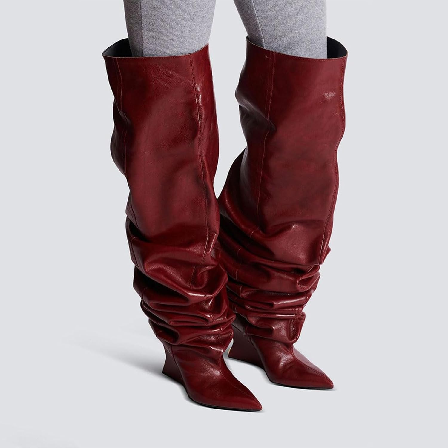 Yishaweiqi Slouched Ruched Thigh High Boots for Women Wedge Heel Pointed Toe Wide Calf Comfortable Over The Knee Boots