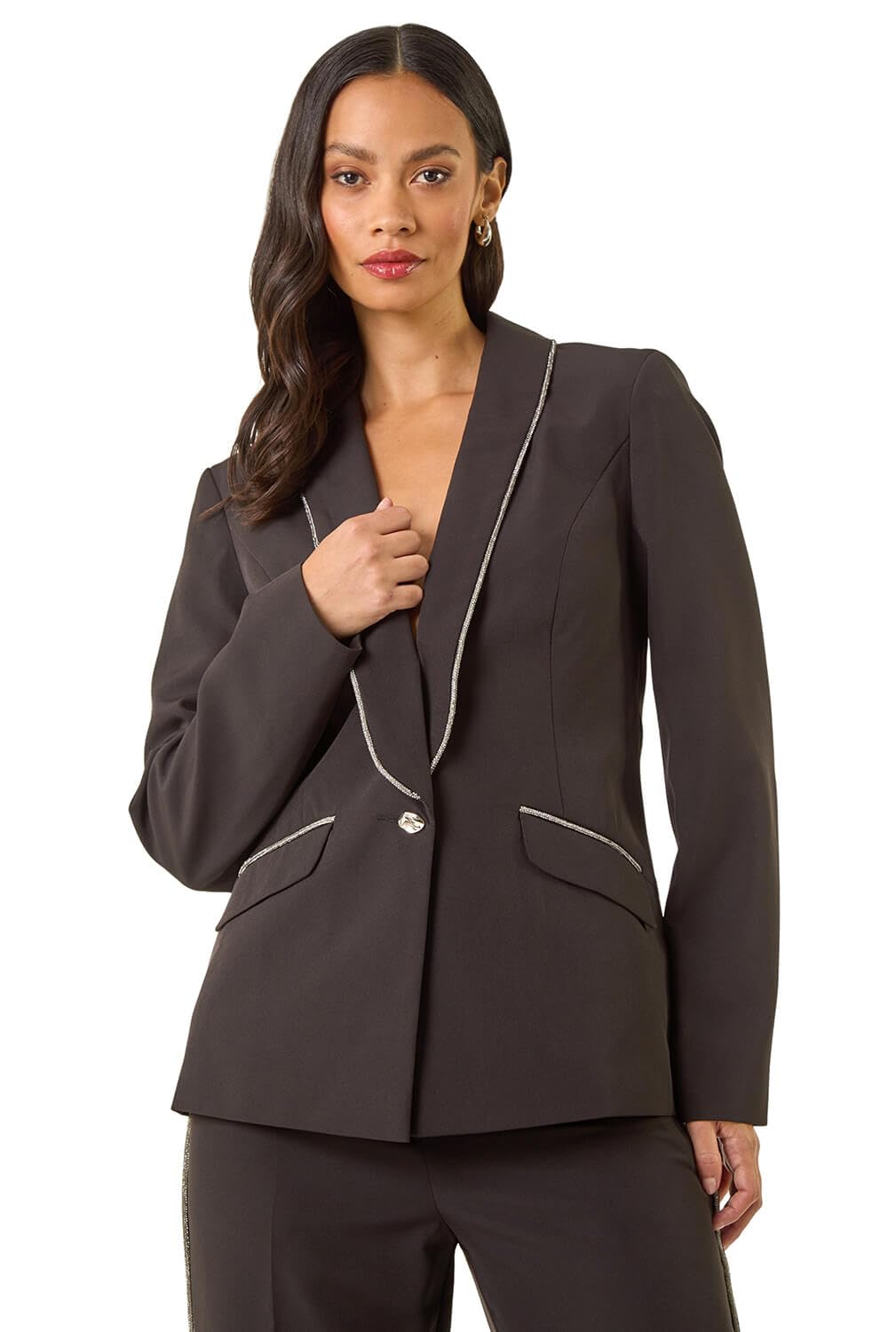 Dusk Women's Black Diamante Single Breasted Blazer In | Size: 12