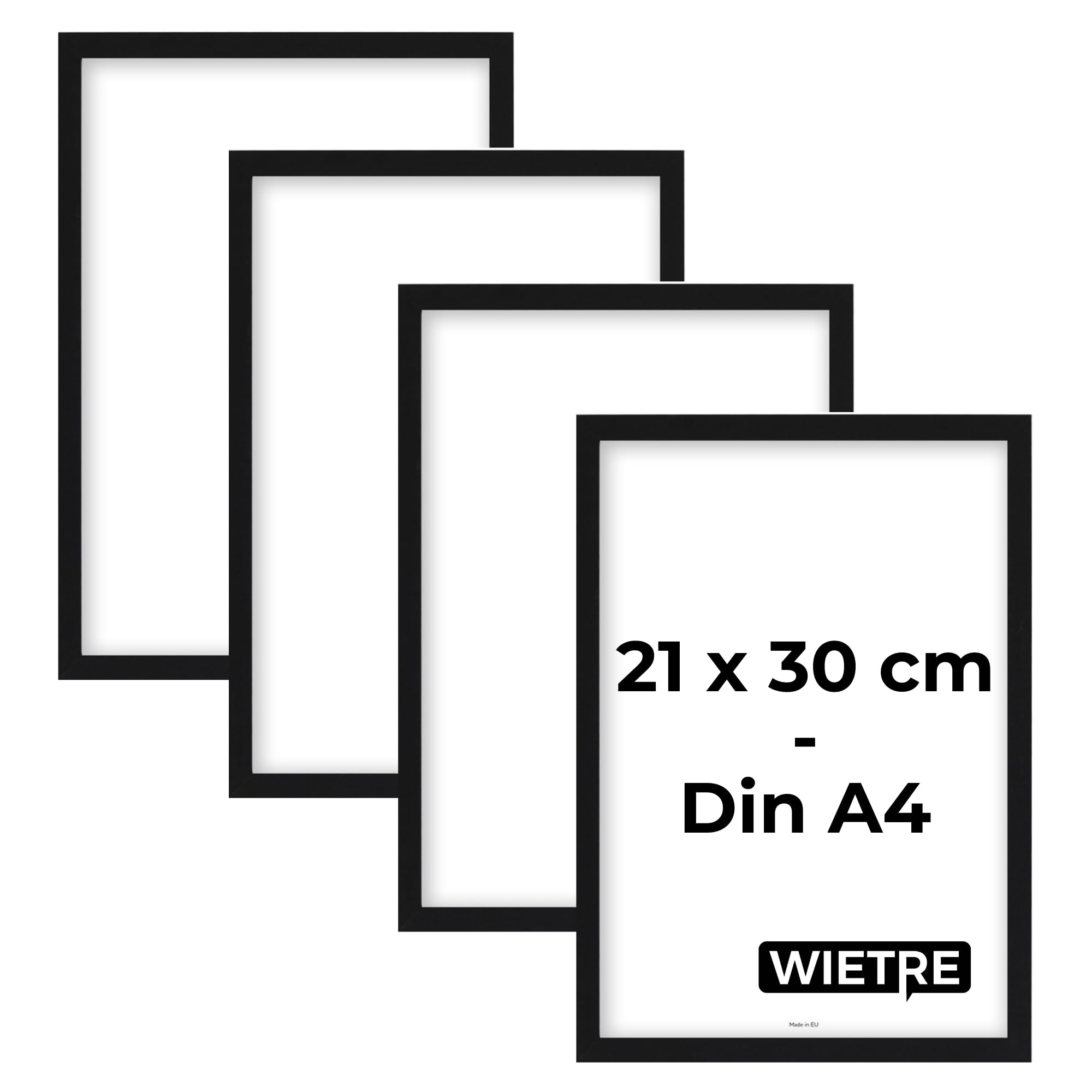set de 4 marcos A4 21x30 cm madera MDF negra | marco póster | cristal acrílico inastillable | para colgar y poner de pie - para fotos, cuadros y pósters