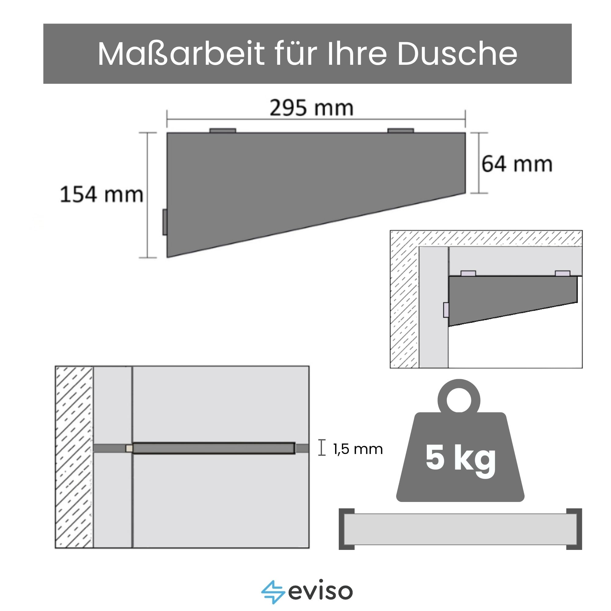 Eviso Estantería de Ducha Rinconera de Acero Inoxidable AISI 304, Estante Esquinero Trapezoidal de Diseño para Baño sin Taladro, Montaje en Junta Resistente a la Corrosión y Humedad, Blanco Mate