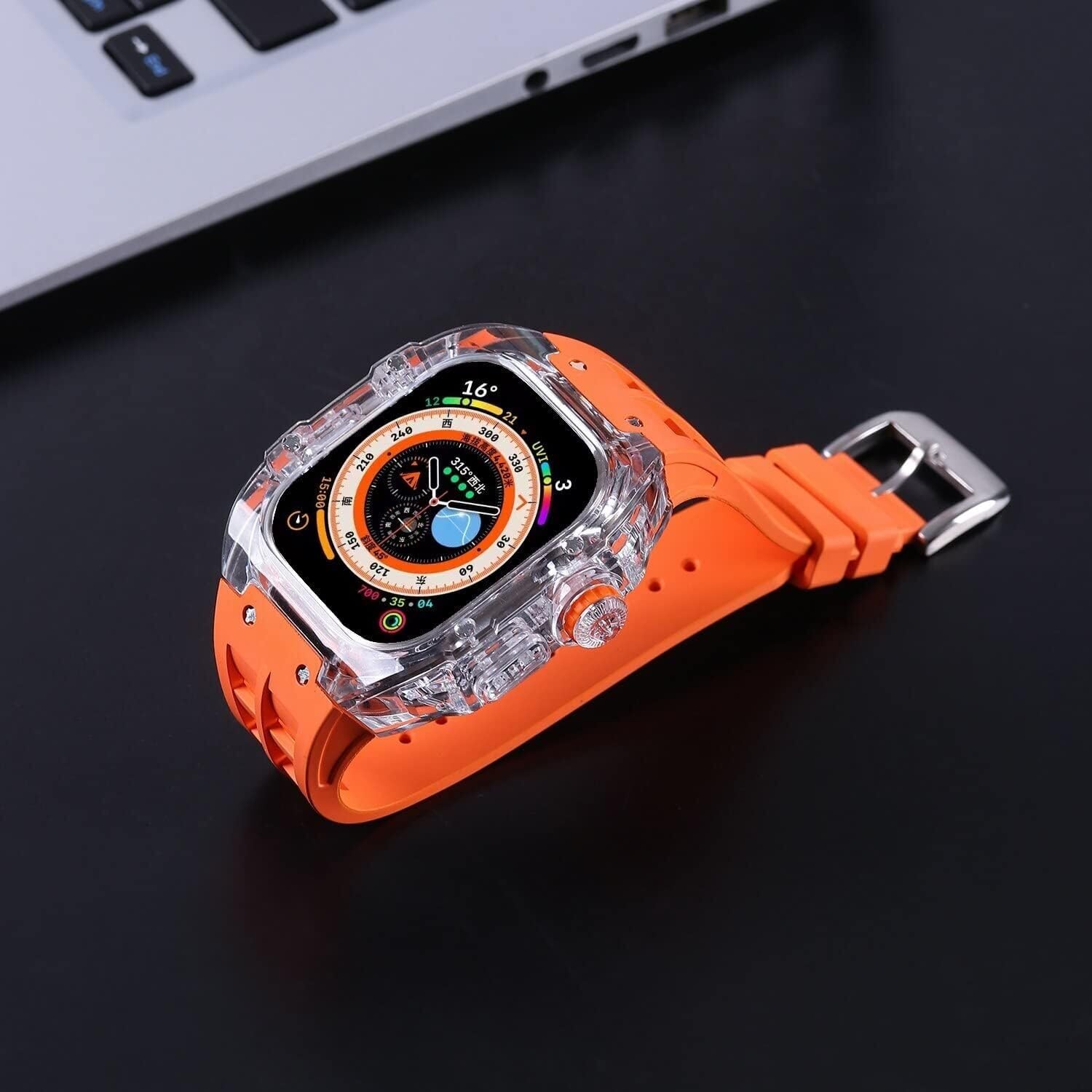 Funda transparente para reloj + correa de silicona líquida, para Apple Watch de 49 mm, estilo RM, funda de protección completa, accesorios de correa deportiva, para hombres y mujeres, serie 8