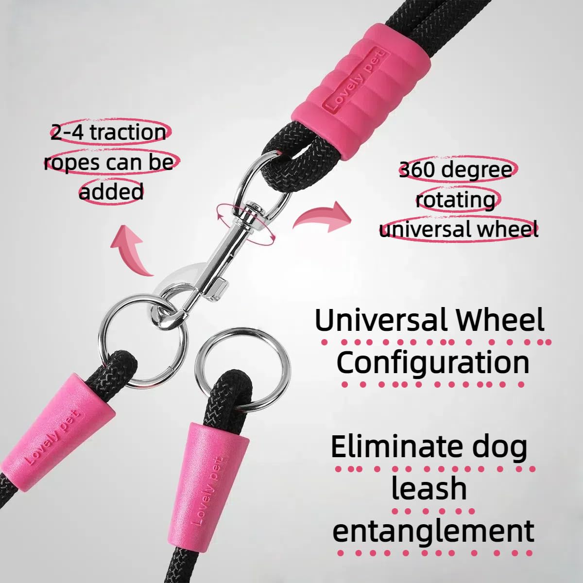 Acoplador de correa doble para perro y cuerda de tracción (un juego), rotación de 360° sin enredos con dos separadores, correa resistente al desgaste, ideal para pasear perros medianos a grandes