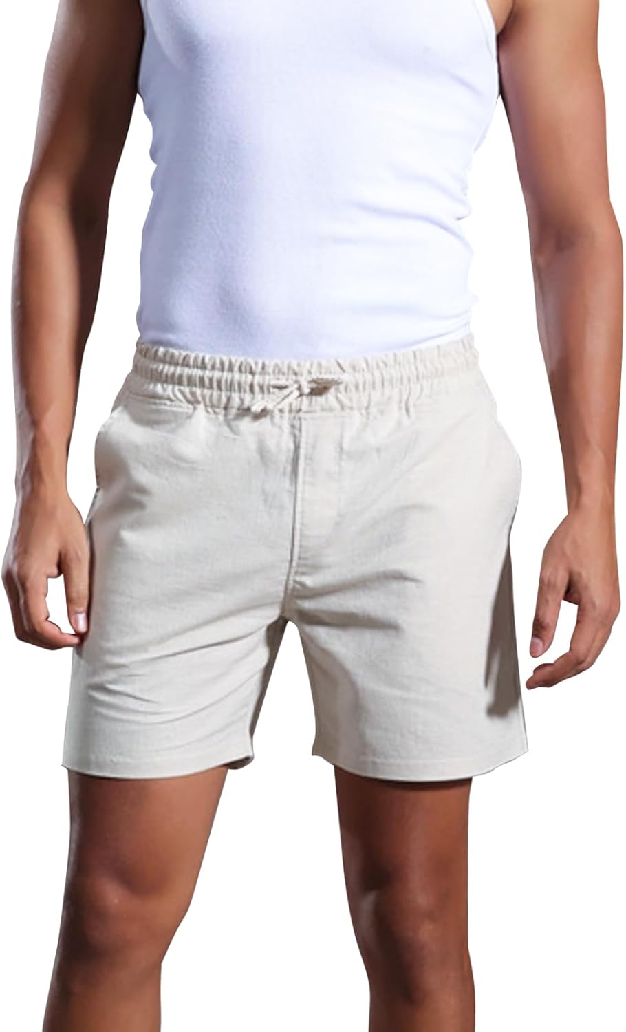 Mens Cotton Linen Shorts 4 Inch Inseam Drawstring Casual Beach Shorts with Pockets - Image 2
