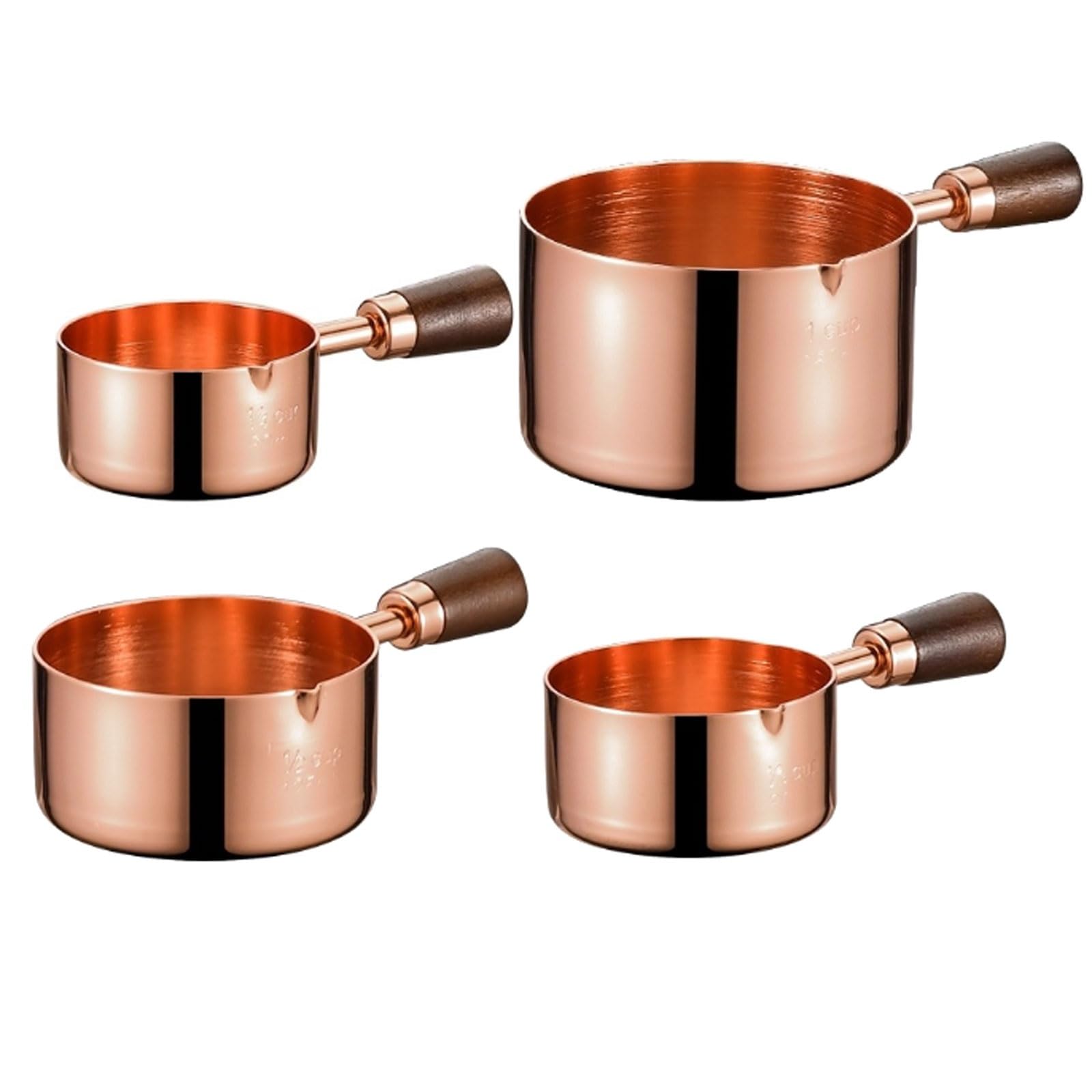 Juego de 4 tazas medidoras de acero inoxidable 304 con mango de madera, for hornear y preparar café, sin goteo.(3.6cm)