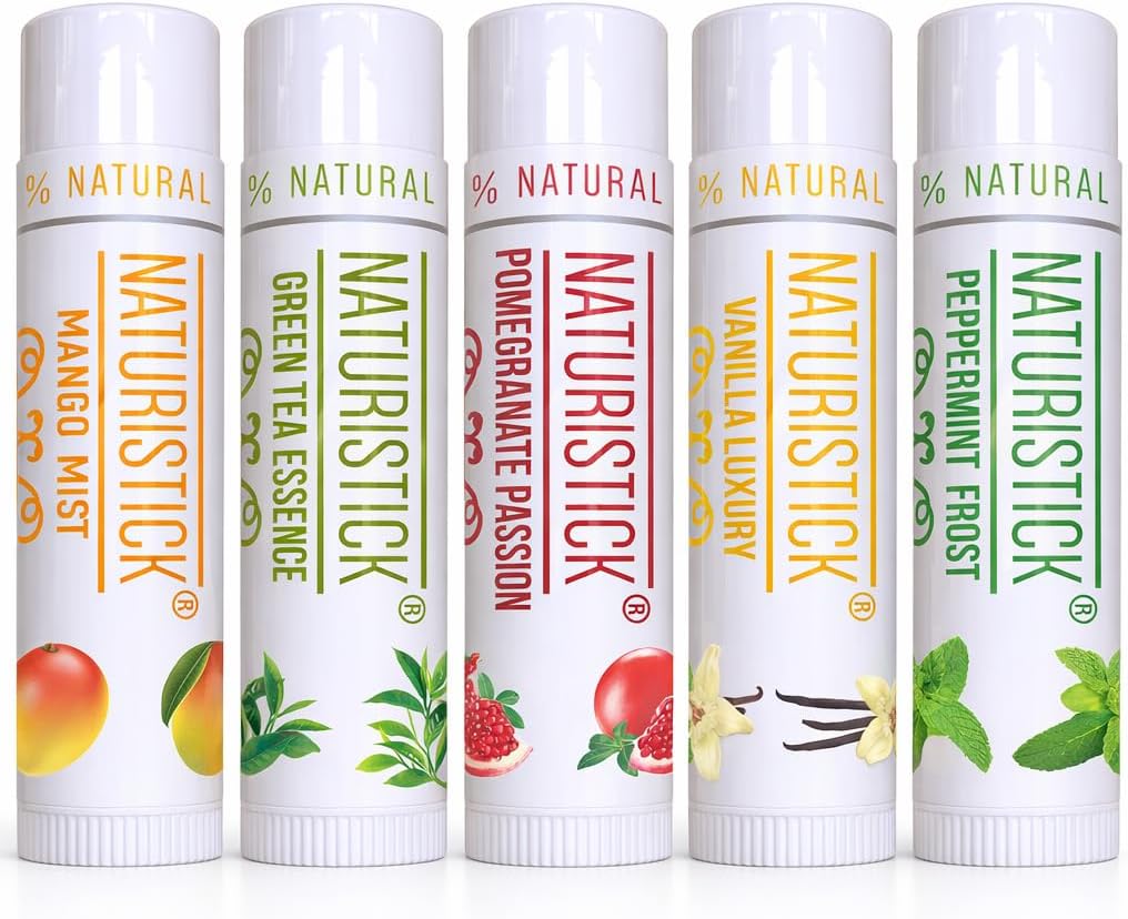 Naturistick Natural Beeswax Lip Balm 5-Pack | Assorted Flavors | Moisturizing Lip Care | 0.15 oz Tubes
