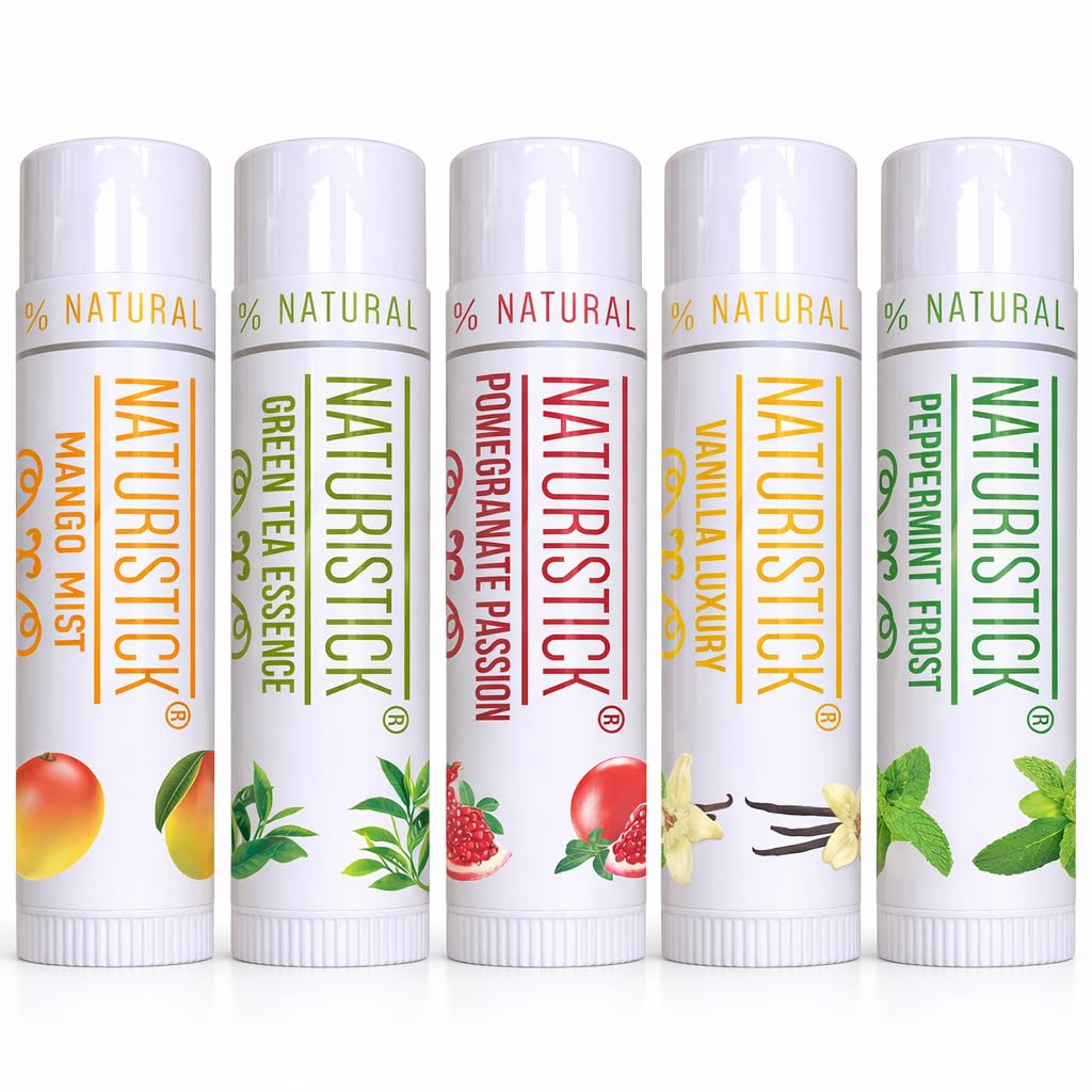 5-Pack Premium Beeswax Lip Balm by Naturistick | Chemical-Free, 100% Natural Chapstick for Dry, Chapped Lips | Made with Coconut Oil, Shea Butter, Aloe Vera | 5 Assorted Scents | Made in the USA
