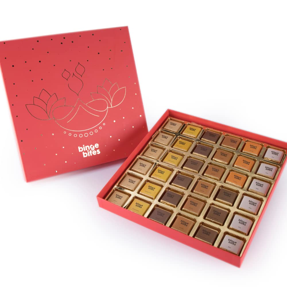 Binge Bites Grande Signature Chocolates Box | 36 Assorted Flavoured Chocolates (500g) Packed in a beautiful designer Diwali Chocolate Box | Personalized Diwali Card with Message option available | Diwali Gifts for friends and Family