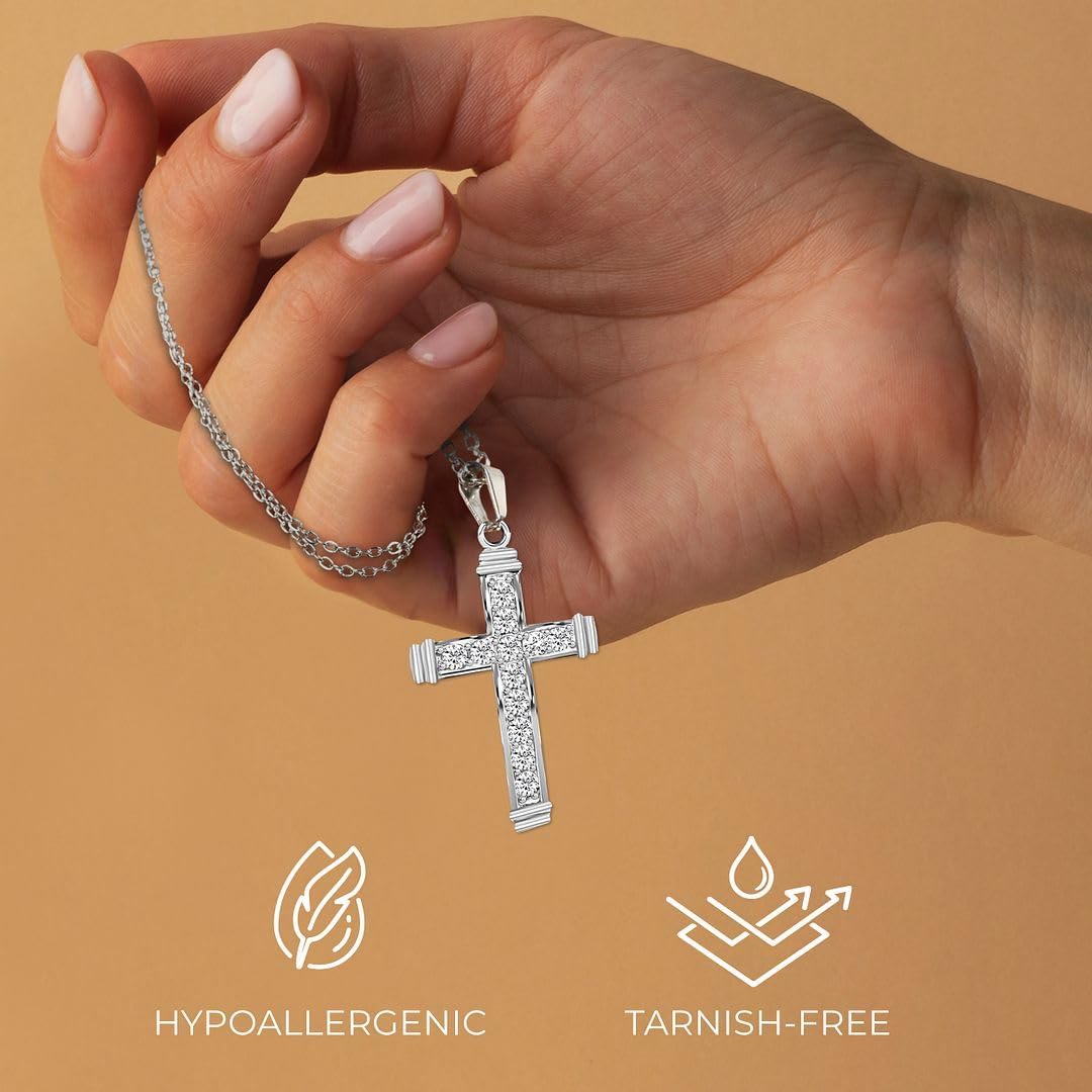 925 Sterling Silver Cross Pendant for Men & Womens - Cubic Zirconia Cross Pendants Silver Cross Jewelry - Cute Catholic Faith Religious Birthday Anniversary Sparkling Statement Gifts for Womens
