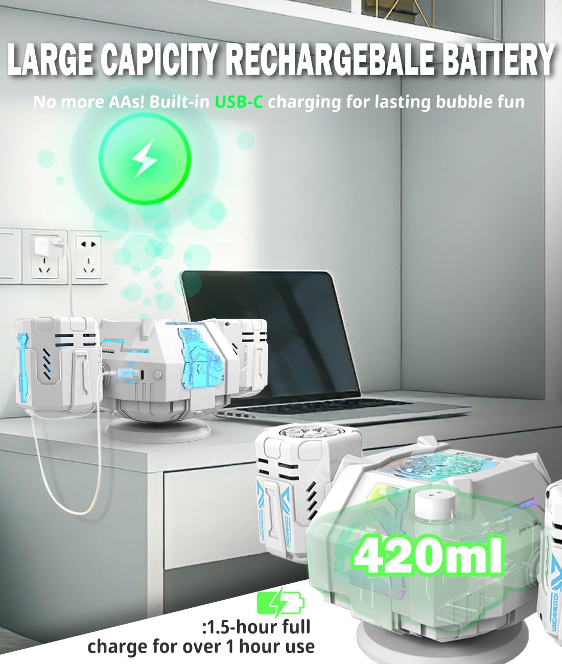 Wiederaufladbare Seifenblasenmaschine – Automatische 360° Drehung, Fernbedienung, 60° verstellbare Düse, 7-farbige RGB-Lichter, USB-C-Ladung – Geschenkspielzeug für Kinder, Kleinkinder, Jungen