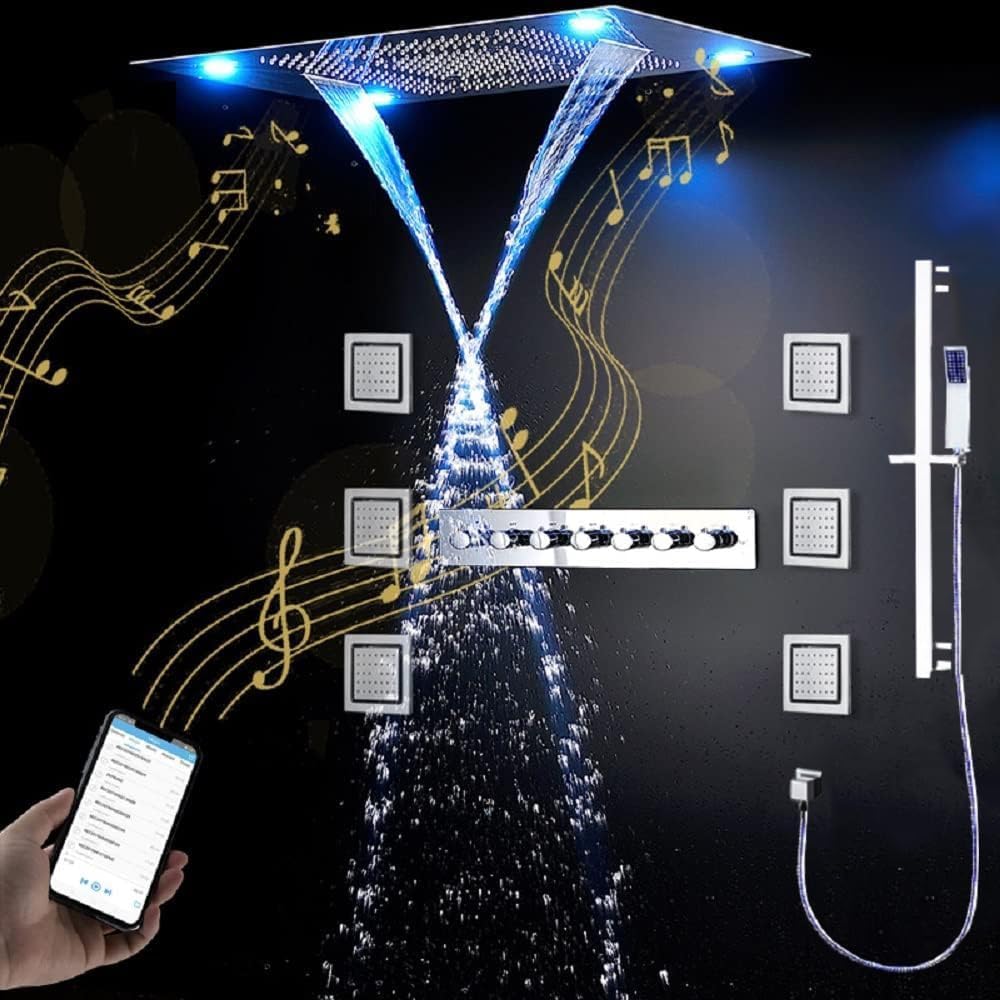 Cascada Luxurious 23"x31" LED Shower System with 6 Functions (Rainfall, Waterfall, Curtain, Misty, Body Jets & Handheld), Built-in Bluetooth Speakers & Shower Sliding Bar (Polished Stainless Steel)