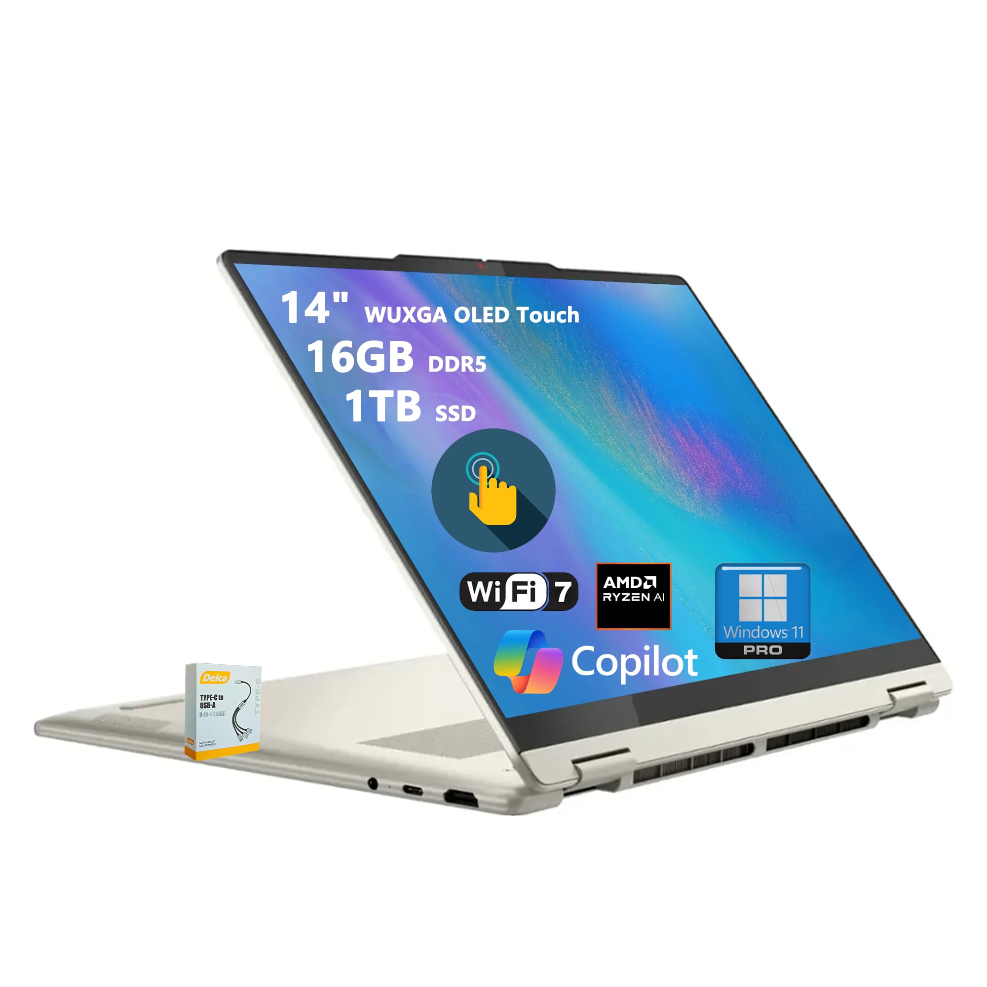 Lenovo Yoga 7 2-in-1 AI PC Laptop | 14" WUXGA OLED Touch (100% DCI-P3) | AMD Ryzen AI 7 350 (Up to 50 Tops) | 16GB DDR5 1TB SSD | for Creator Business Professional Win11pro w/DLCA Accessory