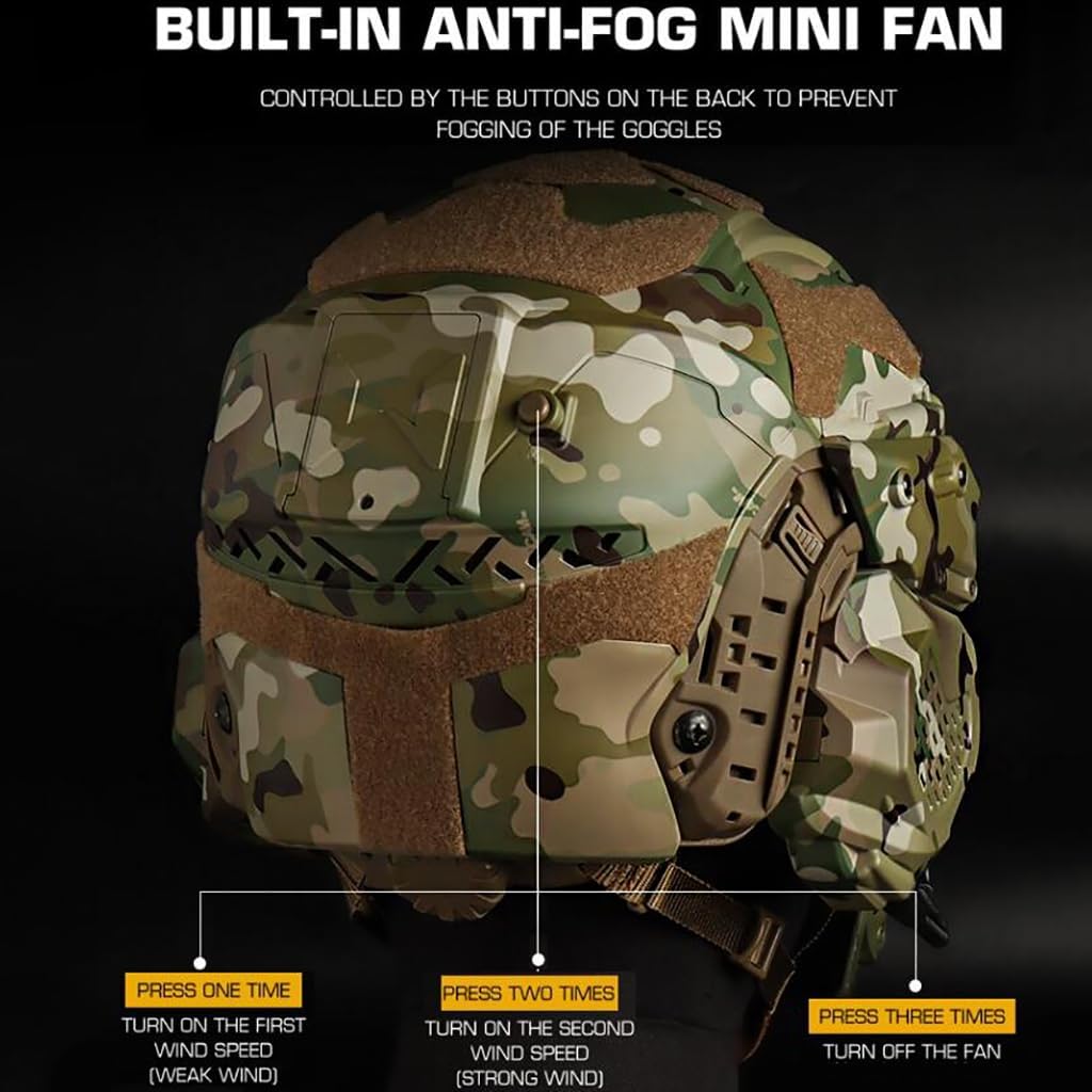Tactical Airsoft Helmet Set Fast Helmet Built-in HD Headset with Full Face Mask Goggles and Anti-Fog Fan for Outdoor Paintball BB Game CS Airsoft Training Hunting Gear A